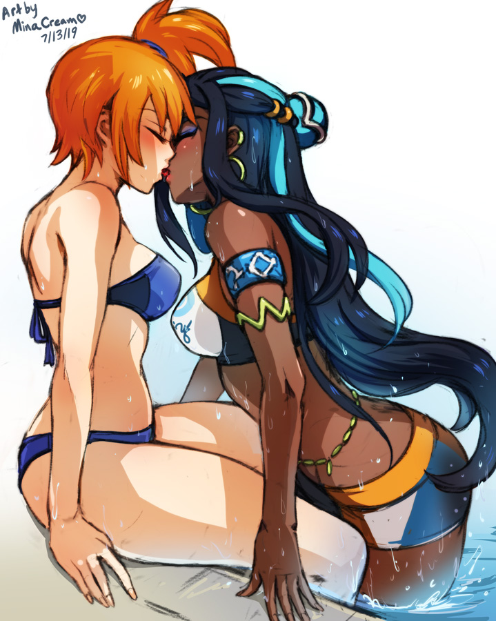 2girls :p arm_support artist_name asymmetrical_hair asymmetrical_hairstyle bare_shoulders belly_chain bent_knees bikini bikini_top blue_bikini blue_bikini_top blue_hair blush chocolate_and_vanilla closed_eyes dark-skinned_female dark_blue_hair dark_skin duo earrings english english_text female female_only french_kiss game_freak gym_leader highlights hoop_earrings in_water interracial interracial_yuri jewelry kasumi_(pokemon) kissing long_hair minacream multicolored_hair multiple_girls nessa_(pokemon) nintendo orange_hair partially_submerged piercing pokemon pokemon_(game) pokemon_rgby pokemon_ss ponytail pool short_hair side_ponytail simple_background sitting sports_bikini swimsuit text tied_hair tongue trait_connection two-tone_hair very_long_hair wading water wet yuri