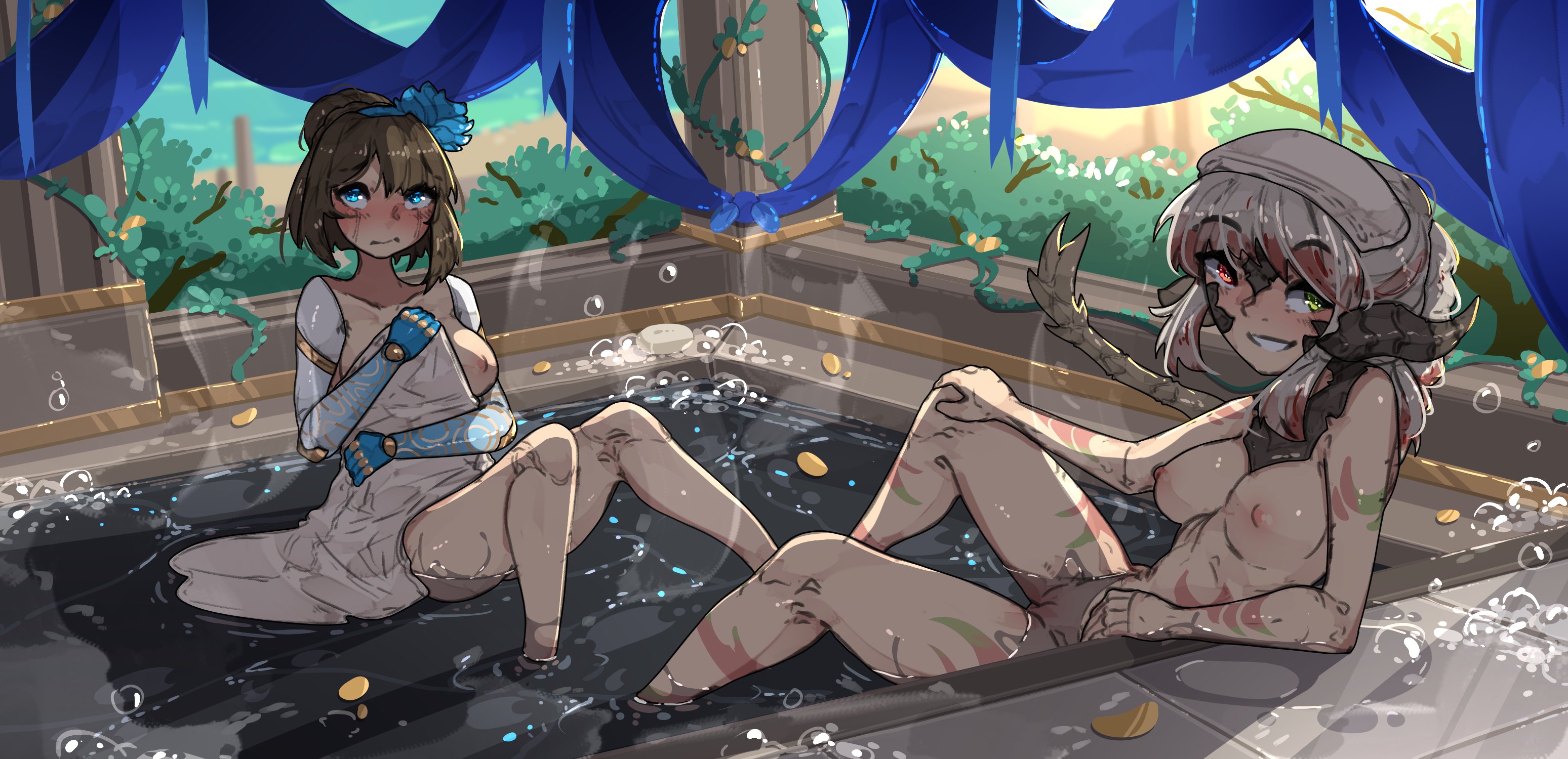 2022, 2girls, absurd res, armwear, au ra, blue eyes, blush, breasts, brown hair, commission, covering, female, female only, final fantasy, final fantasy xiv, green eyes, hair ornament, heterochromia, hi res, horns, hot tub, human, looking at viewer, medium breasts, medium hair, multicolored hair, multiple females, multiple girls, navel, nipples, nude, original, pussy, red eyes, shuuko, smile, soap, tail, tattoo, towel, tribal tattoo, water, xaela