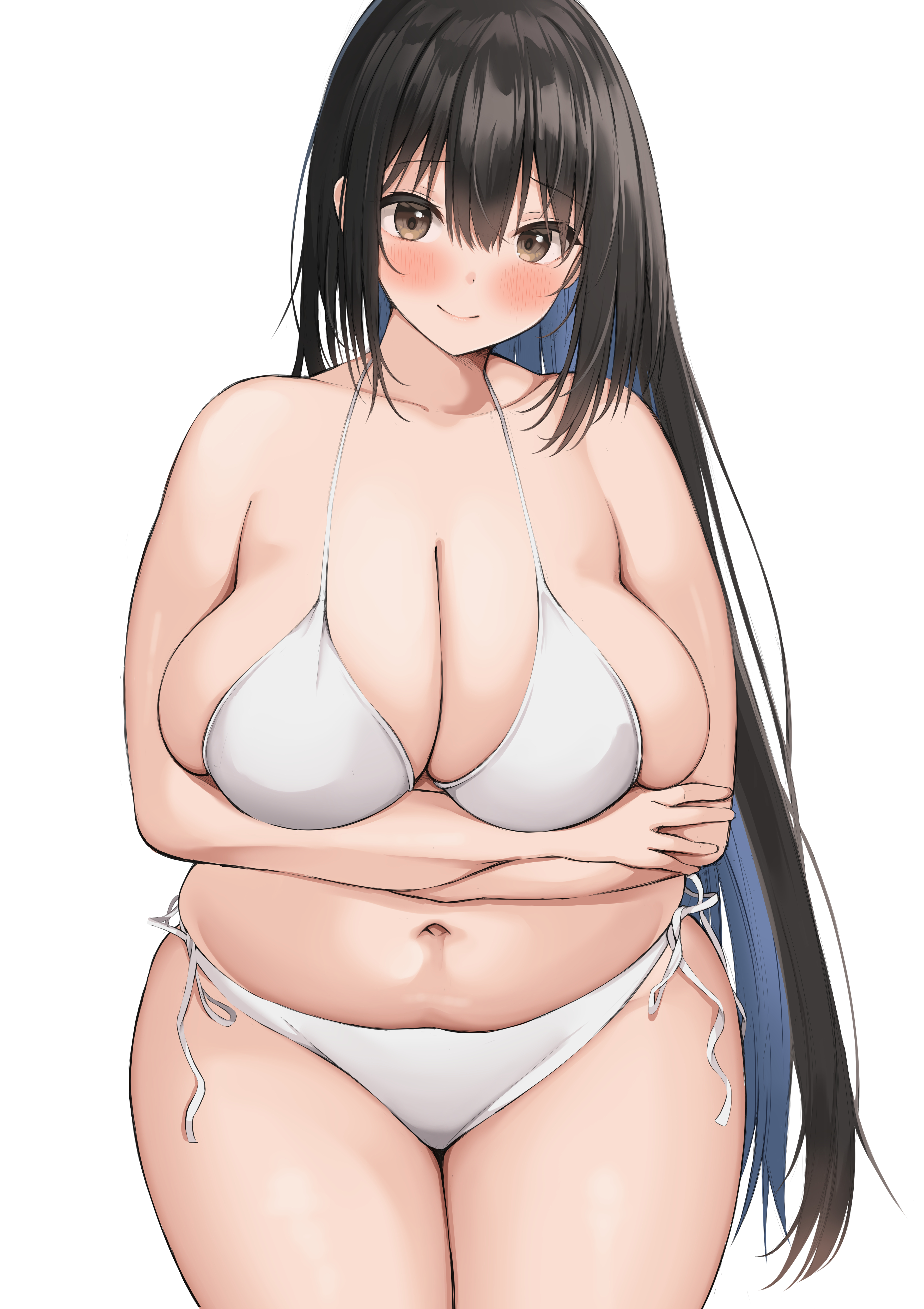 1girls, 2022, bikini, black hair, blush, breasts, chubby, female, female only, hi res, hips, huge breasts, long hair, looking at viewer, neneneji, original, original character, slim waist, smile, thick thighs, thighs, white bikini, wide hips