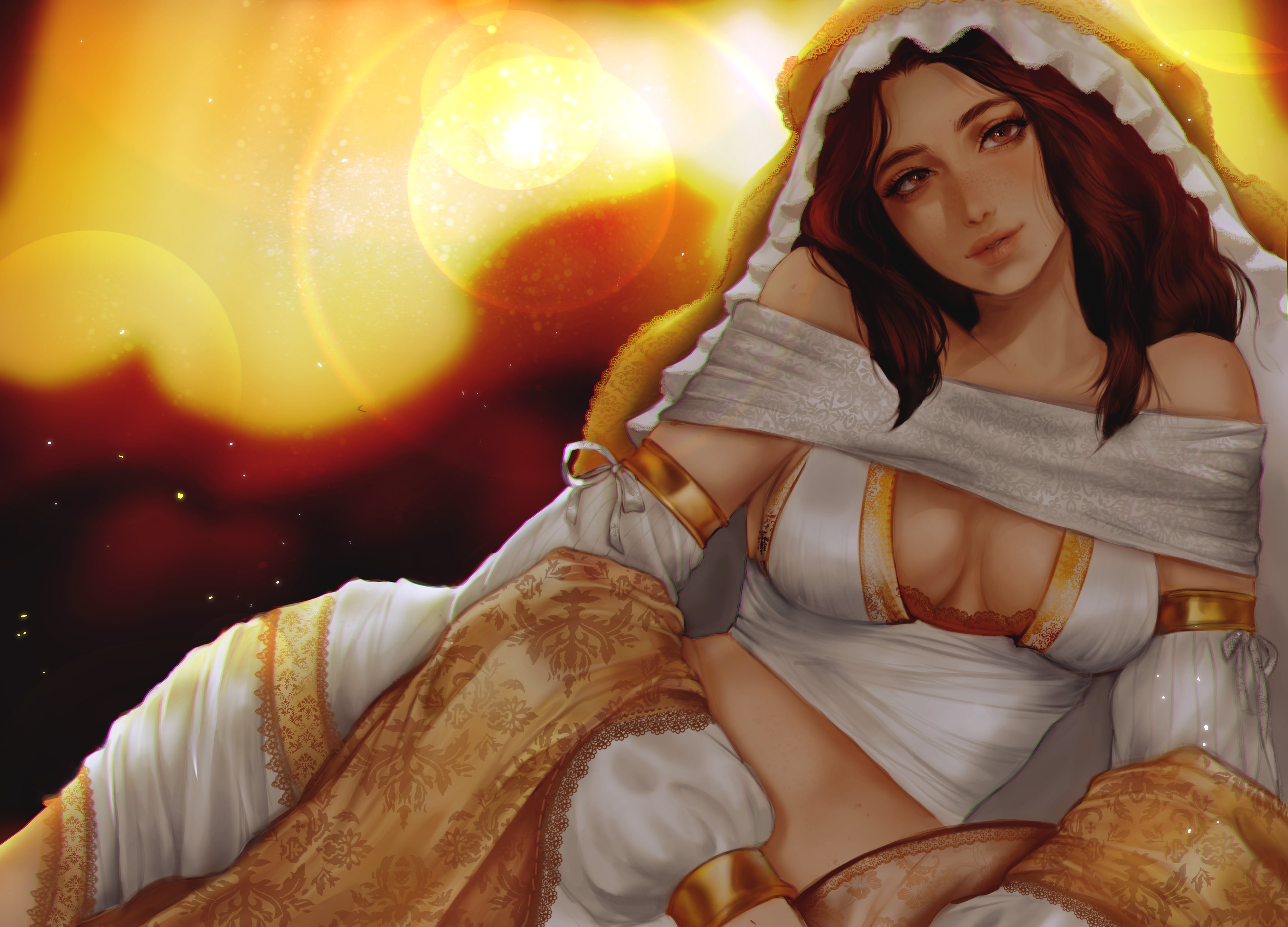 1girls, auburn hair, big breasts, breasts, brown eyes, cleavage, dark souls, detached sleeves, female, female only, fromsoftware, goddess, gold (metal), light skin, light-skinned female, on side, painting (artwork), queen of sunlight gwynevere, raviolliess, reclining, smile, sofa, solo, veil