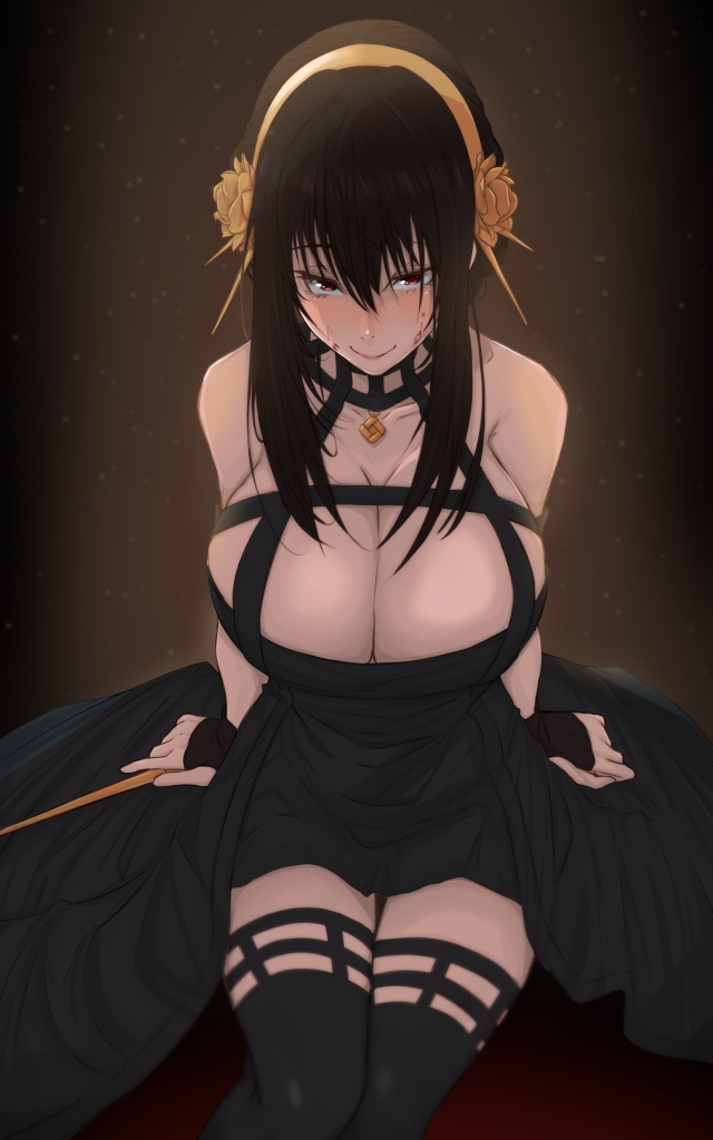 1girls, assassin, black hair, blood on face, breasts, cleavage, female, female only, hair ornament, huge breasts, long hair, looking at viewer, outfit, red eyes, sitting, smiling, solo, spy x family, stiletto (weapon), thorn princess, yor briar