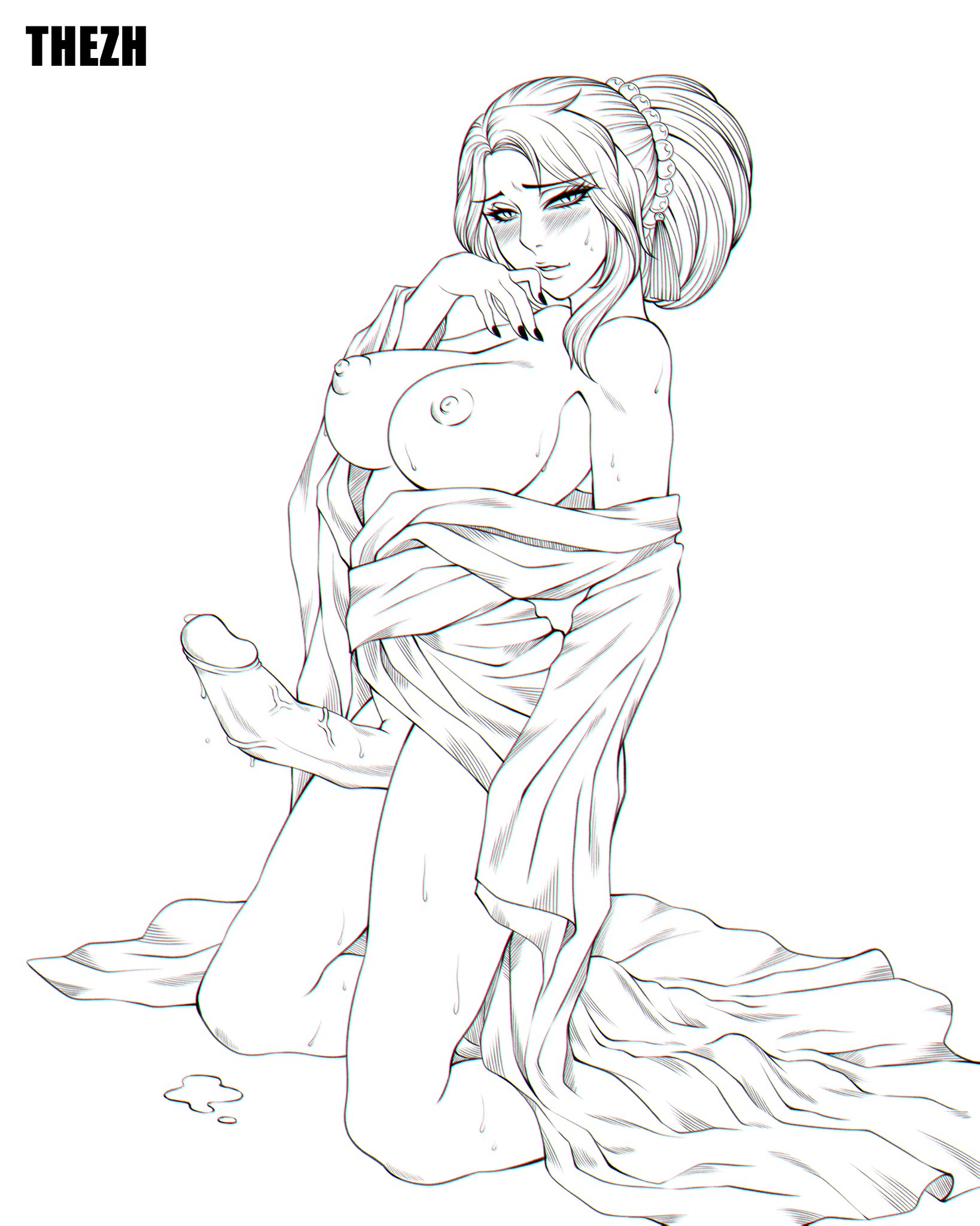 1futa, areolae, big breasts, big penis, breasts, canon genderswap, clothed, clothing, demon, demon slayer, demoness, erection, female muzan, foreskin, functionally nude, futa only, futa sans balls, futa transformation, futanari, genderswap, genderswap (mtf), hair bun, human, intersex, kimetsu no yaiba, kimono, kneeling, line art, looking at viewer, male, male to futa, monochrome, mostly nude, muzan kibutsuji, nipples, no bra, no panties, off shoulder, open kimono, penis, retracted foreskin, rule 63, slit pupils, smile, solo, sweat, thezh, transformation, uncensored, uncircumcised, veiny penis, zingaleherarn