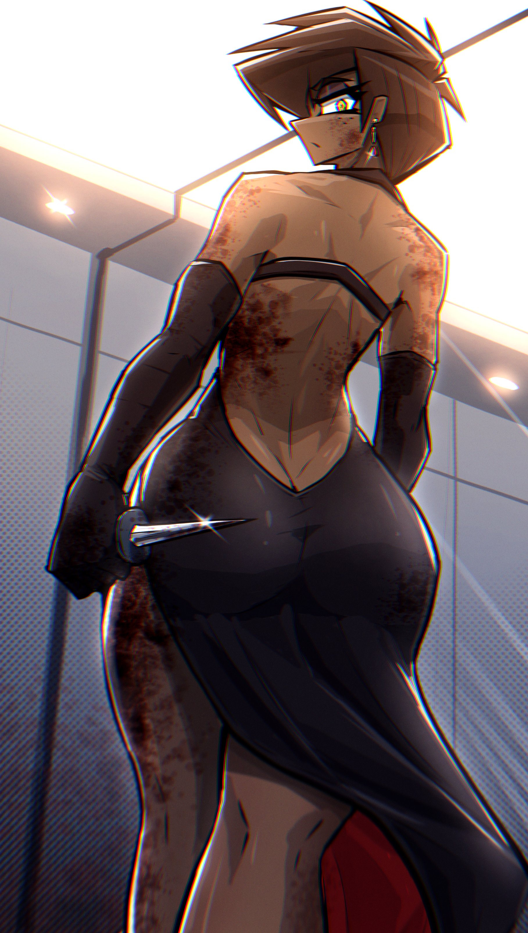 albry (zzzhodazzz), ass, ass cleavage, ass crack, ass in dress, black gloves, blood stain, butt crack, choker, dark skin, dark-skinned female, dress, earrings, female, female only, from below, gloves, knife, zzzhodazzz