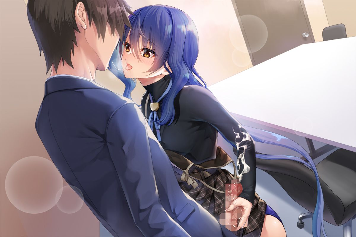 1boy after_kiss bangs blue_hair blue_ribbon breasts brown_eyes brown_hair censored covered_nipples cum cum_on_body eyebrows_visible_through_hair female floating_hair game_cg grey_jacket hair_between_eyes handjob indoors jacket lens_flare long_hair long_sleeves mosaic_censoring neck_ribbon panties penis plus_links purple_panties ribbon saliva saliva_trail shiny shiny_hair shirt short_hair small_breasts straight tongue tongue_out turtleneck underwear very_long_hair