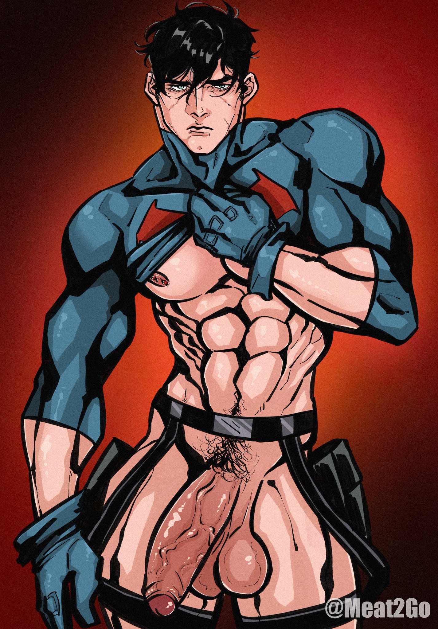 balls, batman (series), belt, big penis, bottomless, broad shoulders, dc, dc comics, foreskin, half-erect, huge cock, jason todd, justthemeat/meat2go, low hanging balls, male, male only, muscles, muscular, muscular male, pantsless, partially retracted foreskin, penis, red hood (dc), retracted foreskin, shirt lift, thick thighs, uncircumcised, uncut, veiny penis, yaoi
