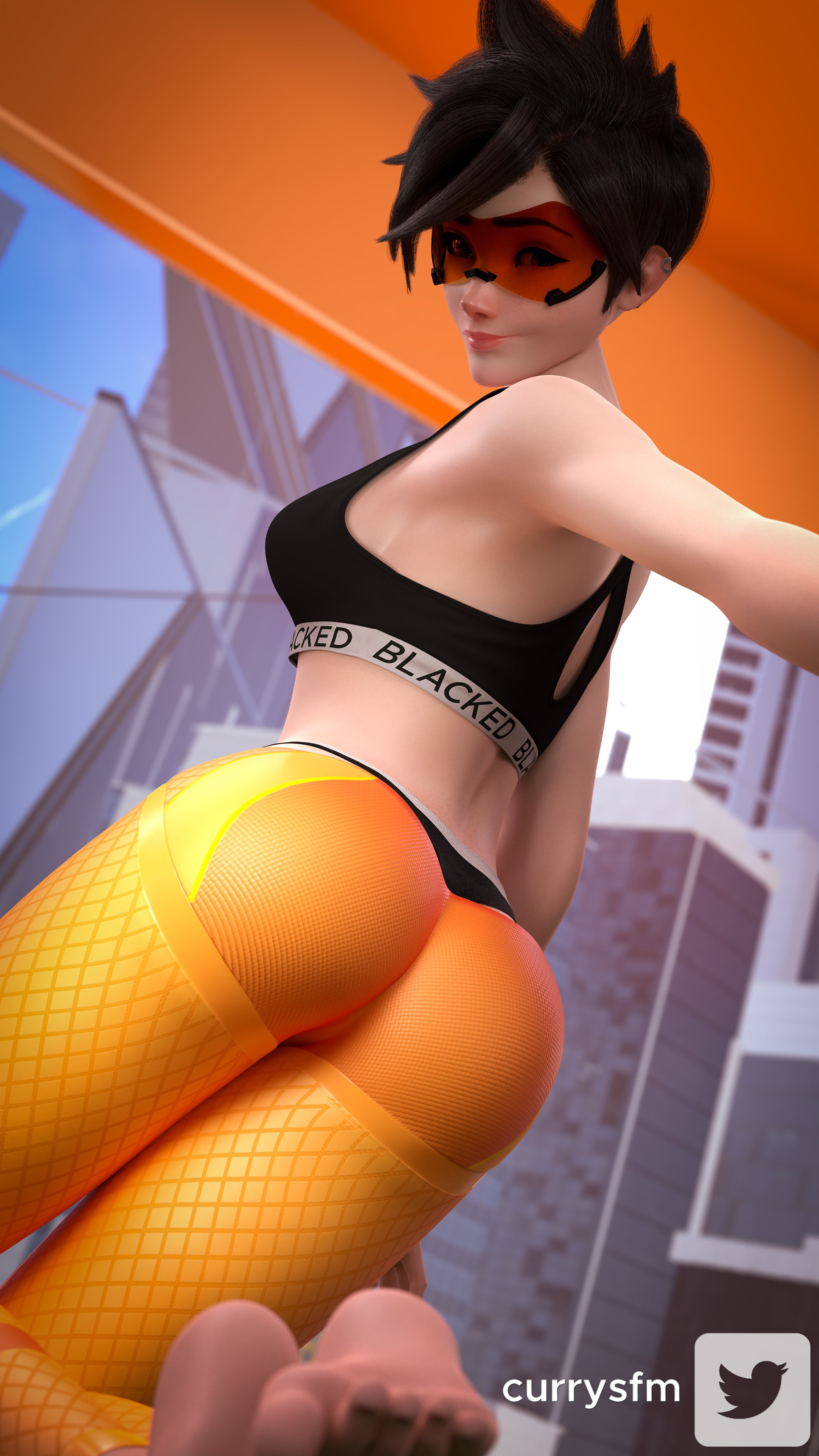 1girls, 3d, ass, blacked, blacked clothing, brown hair, clothed, clothing, currysfm, feet, female, female only, light skin, light-skinned female, orange-tinted eyewear, overwatch, overwatch 2, red toenails, short hair, smile, solo, tinted eyewear, tracer, tracer (overwatch 2 suit), visor