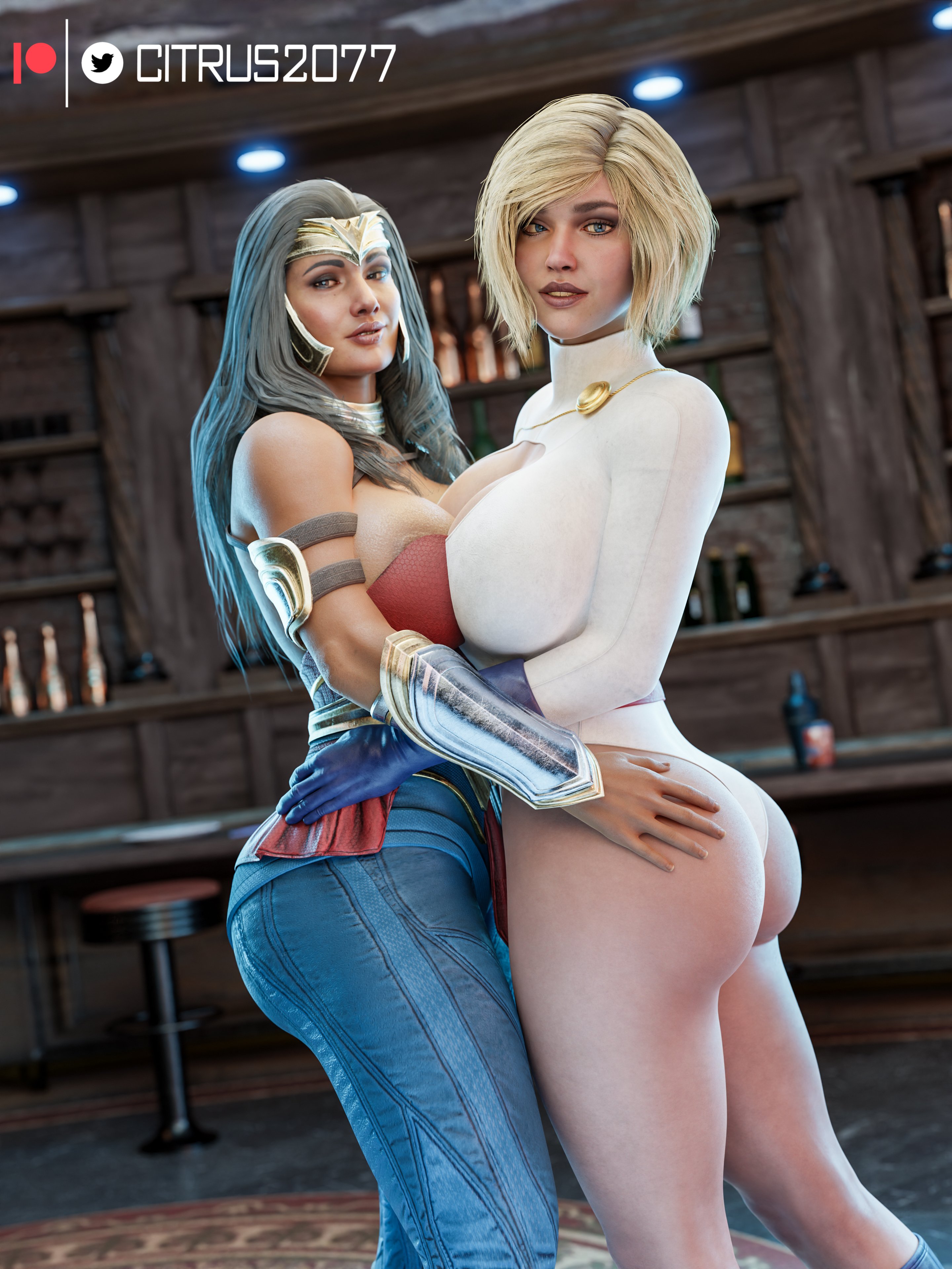 2girls, 3d, 3d (artwork), ass, ass grab, big ass, big breasts, big butt, blender, blender (software), blonde hair, blue eyes, bob cut, boob window, breasts, breasts to breasts, bubble butt, busty, citrus2077, curvy, cute, dc, dc comics, diana prince, female, female only, hourglass figure, huge breasts, injustice 2, kara zor-l, karen starr, large breasts, leotard, medium hair, olive skin, pose, posing, power girl, power girl (injustice), round ass, seductive, seductive look, superman (series), thick, thick ass, thick thighs, wide hips, wonder woman, wonder woman (injustice), wonder woman (series), yuri