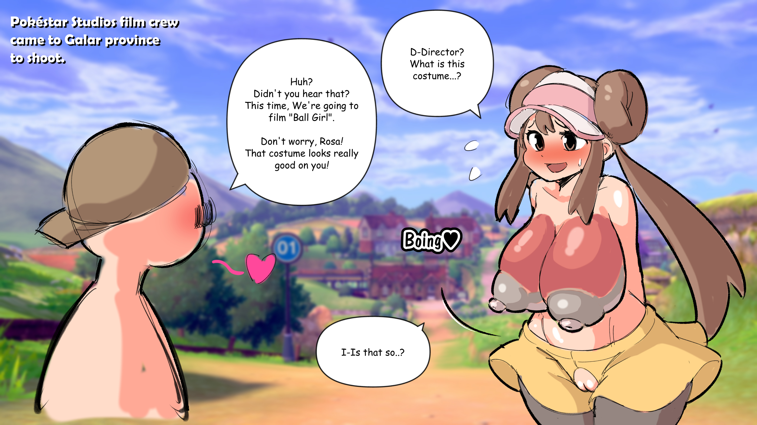 1boy, 1girls, blush, body paint, breasts, brown eyes, brown hair, camera, embarrassed, female, femsub, gullible, hair buns, hat, huge breasts, humiliation, long hair, male, maledom, nintendo, nipples, open mouth, outdoors, pokemon, public humiliation, pussy, pussy cutout, recording, rosa (pokemon), skirt, stockings, text, thick thighs, thighs, topless, torn clothes, twintails, wide hips, woohyoot