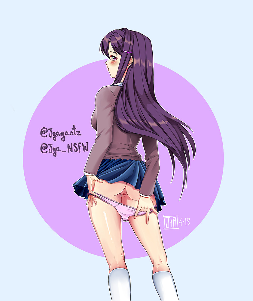 1girls, 2018, artist name, ass, blue skirt, breasts, clothes, clothing, dated, doki doki literature club, female, female focus, female human, female only, human, human female, human focus, jyagantz, long hair, panties, panties down, presenting pussy, purple eyes, purple hair, pussy, skirt, twitter username, uniform, vagina, year, yuri (doki doki literature club)