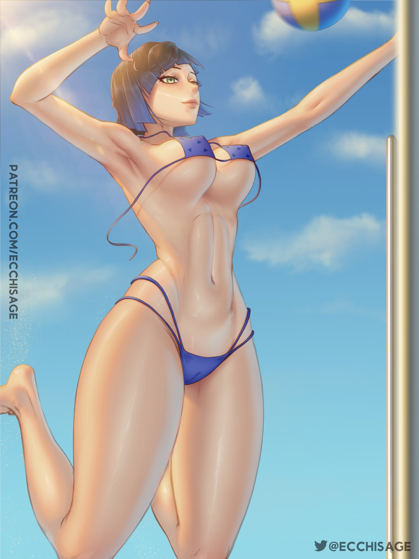 1girls, barefoot, big breasts, bikini, breasts, curvy, ecchisage, feet, female, female only, genshin impact, green eyes, large breasts, midriff, navel, short hair, solo, solo female, swimsuit, thick, thick thighs, thighs, voluptuous, yelan (genshin impact)