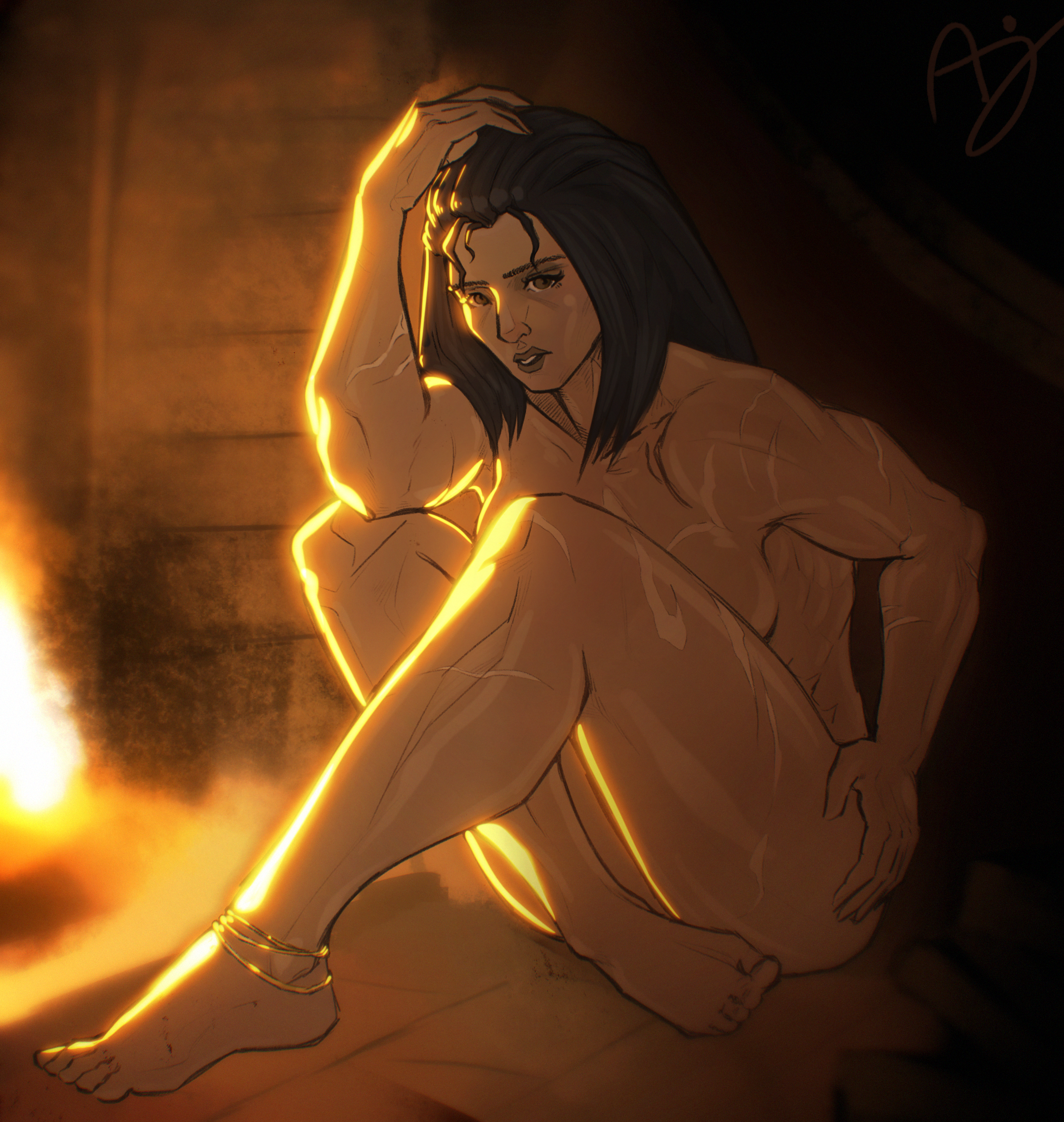 1girls, anklet, applesauce jack, black hair, brown eyes, brown skin, completely nude, elden ring, feet, female, female only, fire, fromsoftware, full body, looking at viewer, muscular, muscular female, nepheli loux, nude, scars, sitting, sitting on floor, solo, warrior