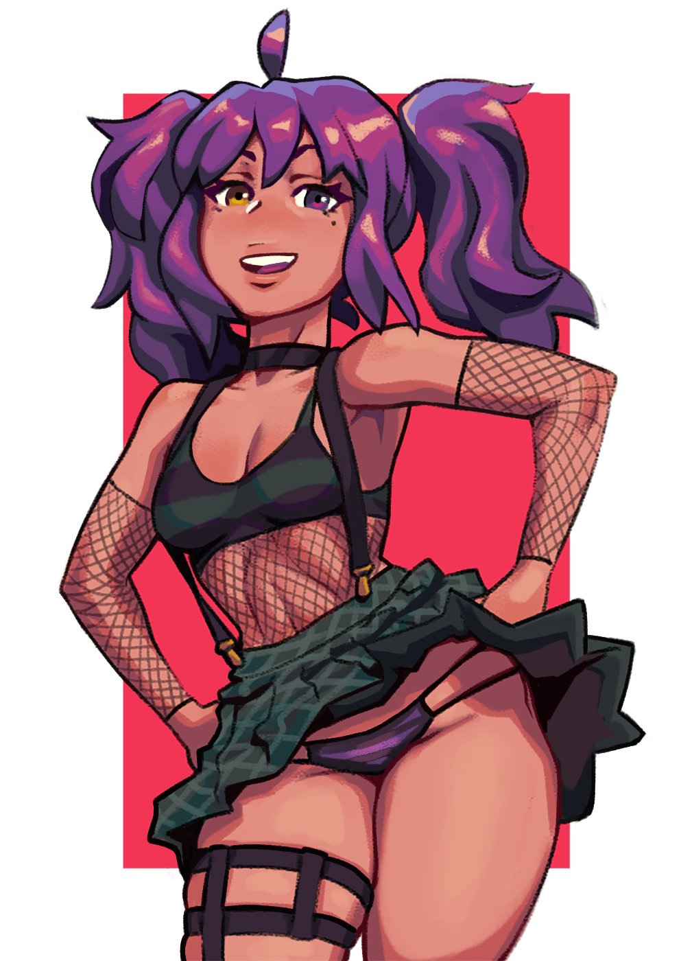 1girls dark-skinned_female fanart female female_only fishnets hands_on_hips heterochromia lenny_izquierdo looking_at_viewer mole mole_under_eye open_mouth panties pantyshot purple_eyes purple_hair red_background simple_background skirt skirt_lift small_breasts smile solo twintails upskirt virtual_youtuber yellow_eyes yokomara_yuziko