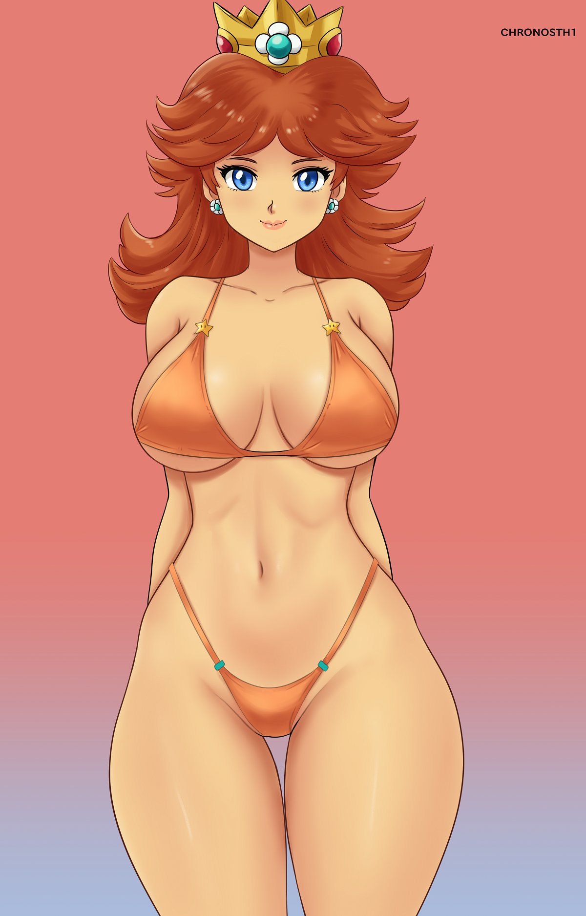 1girls, arms behind back, big breasts, bikini, blue eyes, breasts, brown hair, busty, child bearing hips, chronosth1, cleavage, earrings, female, female only, flower earrings, gummslime, highres, hips, jewelry, large breasts, legs, lipstick, looking at viewer, makeup, mario (series), navel, nintendo, orange bikini, princess, princess daisy, sensual, short hair, smile, standing, swimsuit, thick thighs, thigh gap, thighs, thong bikini, voluptuous