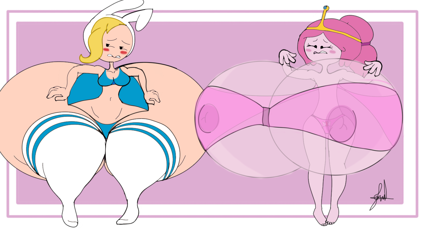 2girls, adventure time, ass, ass expansion, ass vs breasts, balloon, balloons, big ass, blush, bottom heavy, breast expansion, breast growth, breast growth (enlargement), breasts, bubblegum, female, fionna the human girl, hips, huge hips, hyper ass, hyper breasts, massive ass, massive hips, princess bubblegum, tell-mate, thick thighs, thighs, top heavy