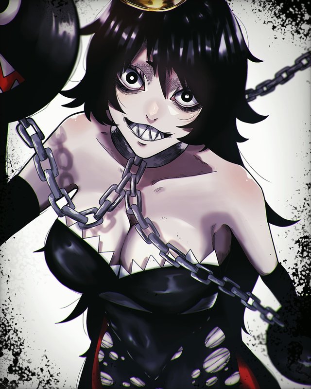 black_dress breasts chain_chomp chains chompette crazy_eyes gargle_(web) mario_(series) new_super_mario_bros._u_deluxe sharp_teeth super_mario_bros.