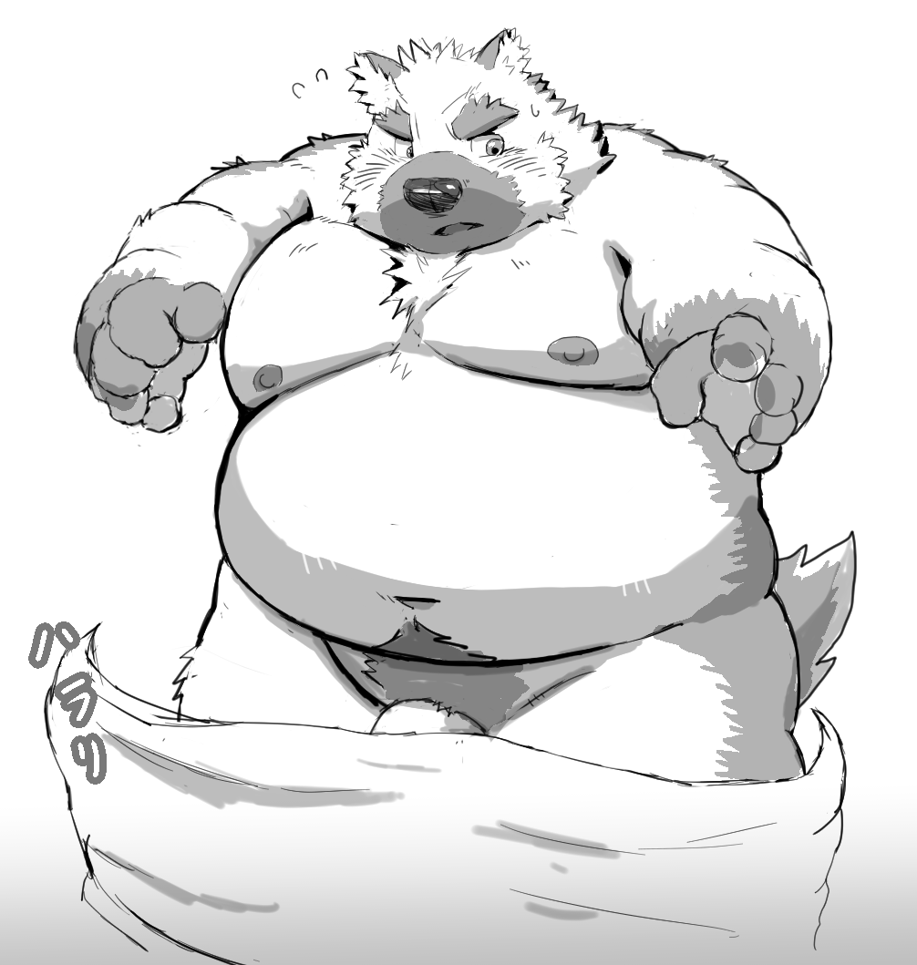 2022 anthro belly big_belly canid canine canis domestic_dog genitals humanoid_hands japanese_text kemono kumajjjj male mammal moobs nipples obese obese_male overweight overweight_male penis solo text towel