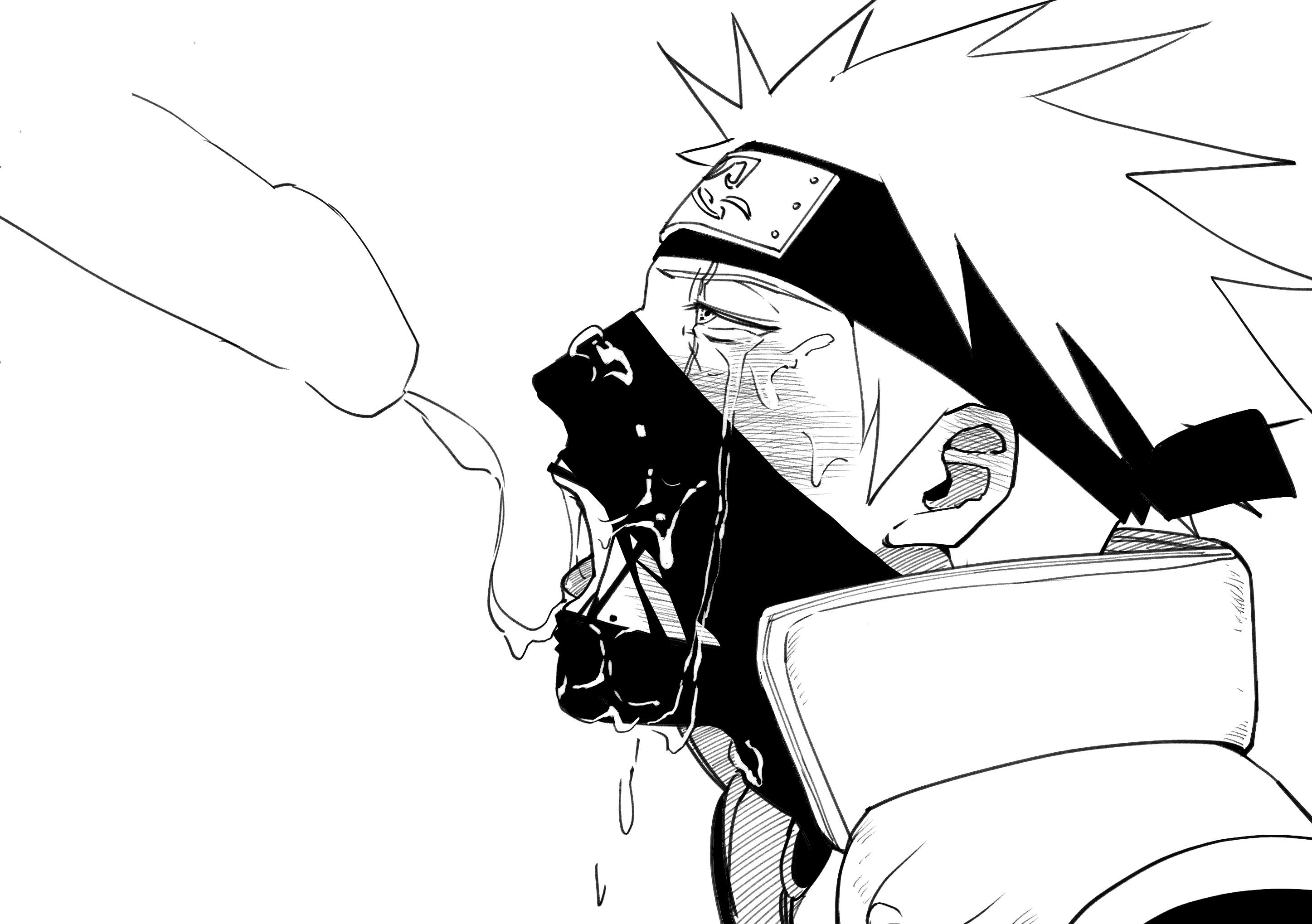 2boys, after fellatio, after oral, after sex, blush, climax, crying, crying with eyes open, cum, cum in mouth, cum on face, cum string, cumdrip, disembodied penis, ejaculation, faceless, faceless male, gay, hatake kakashi, kakashi hatake, long hair, male, male focus, male/male, mask, mole, mole under mouth, monochrome, naruto, naruto (series), naruto shippuden, penis, questionable consent, scar, scar across eye, sharingan, short hair, spiky hair, tearing up, tears, vest, yaoi