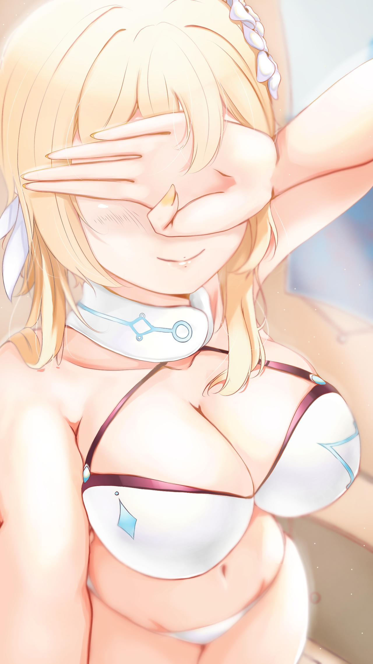 1girls, big breasts, bikini, blonde hair, breasts, busty, cleavage, covering eyes, female, female only, genshin impact, highres, large breasts, legs, lumine (genshin impact), mazilunara, navel, smile, swimsuit, thick thighs, thighs, white bikini
