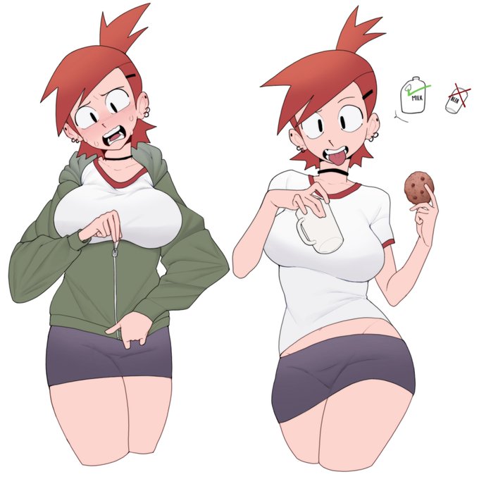 big breasts, breasts, choker, clothes, clothing, cookies, earrings, female, foster's home for imaginary friends, frankie foster, green jacket, jacket, milk, mr fish corpse, older sister, plain background, red hair, shirt, sister, spiky hair, t-shirt, thick, tshirt, white shirt, white t-shirt
