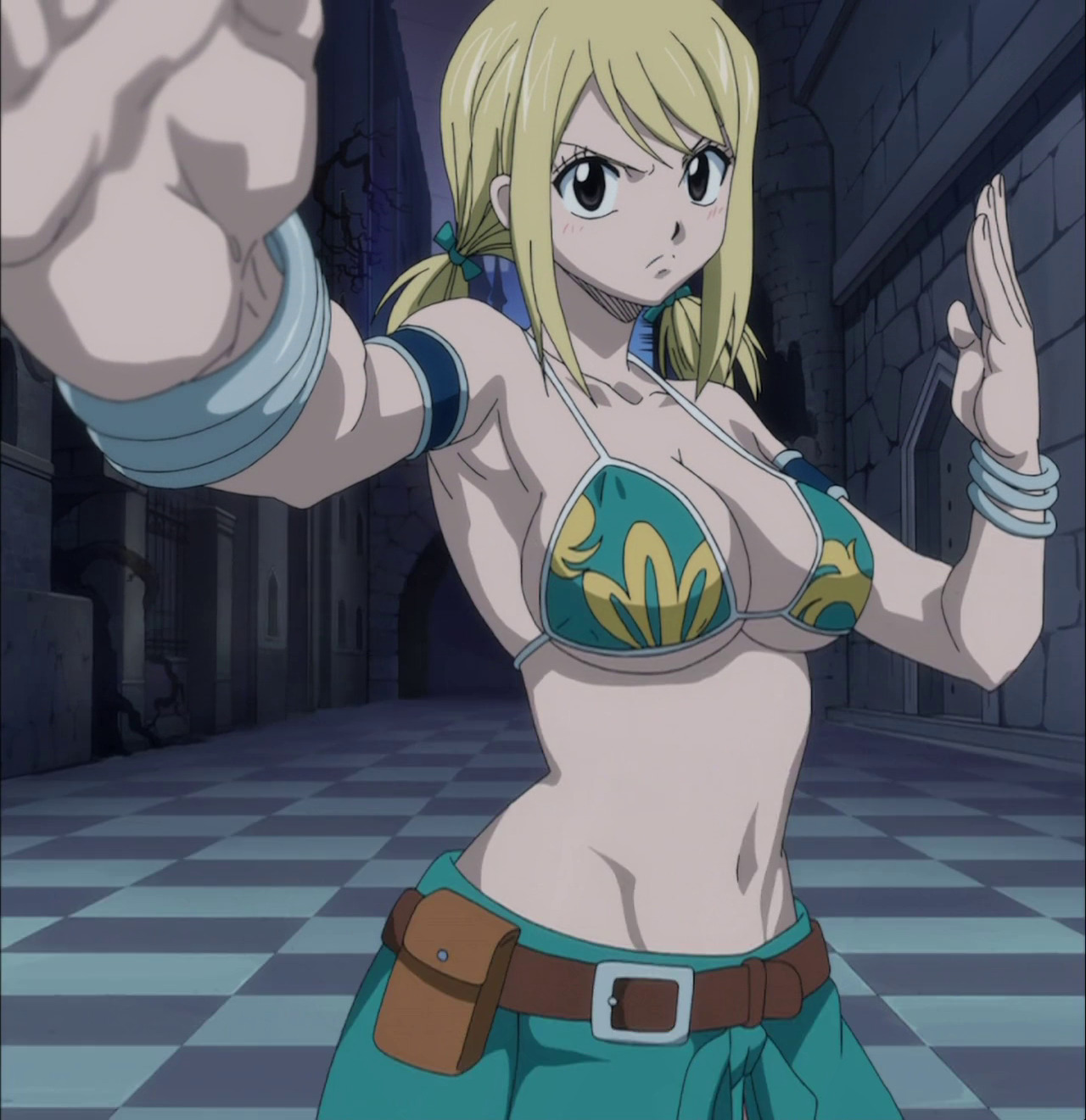 1girls, armpit peek, big breasts, bikini, bikini top only, blonde hair, blonde-haired female, breasts, brown eyes, busty, cleavage, fairy tail, female, female only, fighting stance, hair ribbon, highres, large breasts, looking at viewer, low twintails, lucy heartfilia, navel, ribbon, screencap, serious, shorts, sideboob, stitched, third-party edit, toned, twintails, underboob