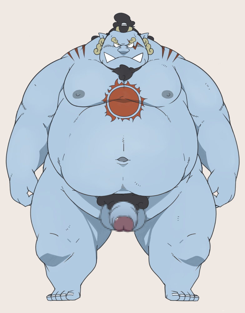 2022 anthro balls beard belly big_belly blue_body censored facial_hair fish-men_(one_piece) flaccid genitals humanoid_genitalia humanoid_hands humanoid_penis jinbe kemono male male_only marine moobs navel nipples nude one_piece overweight overweight_male penis simple_background solo taro_heppoko