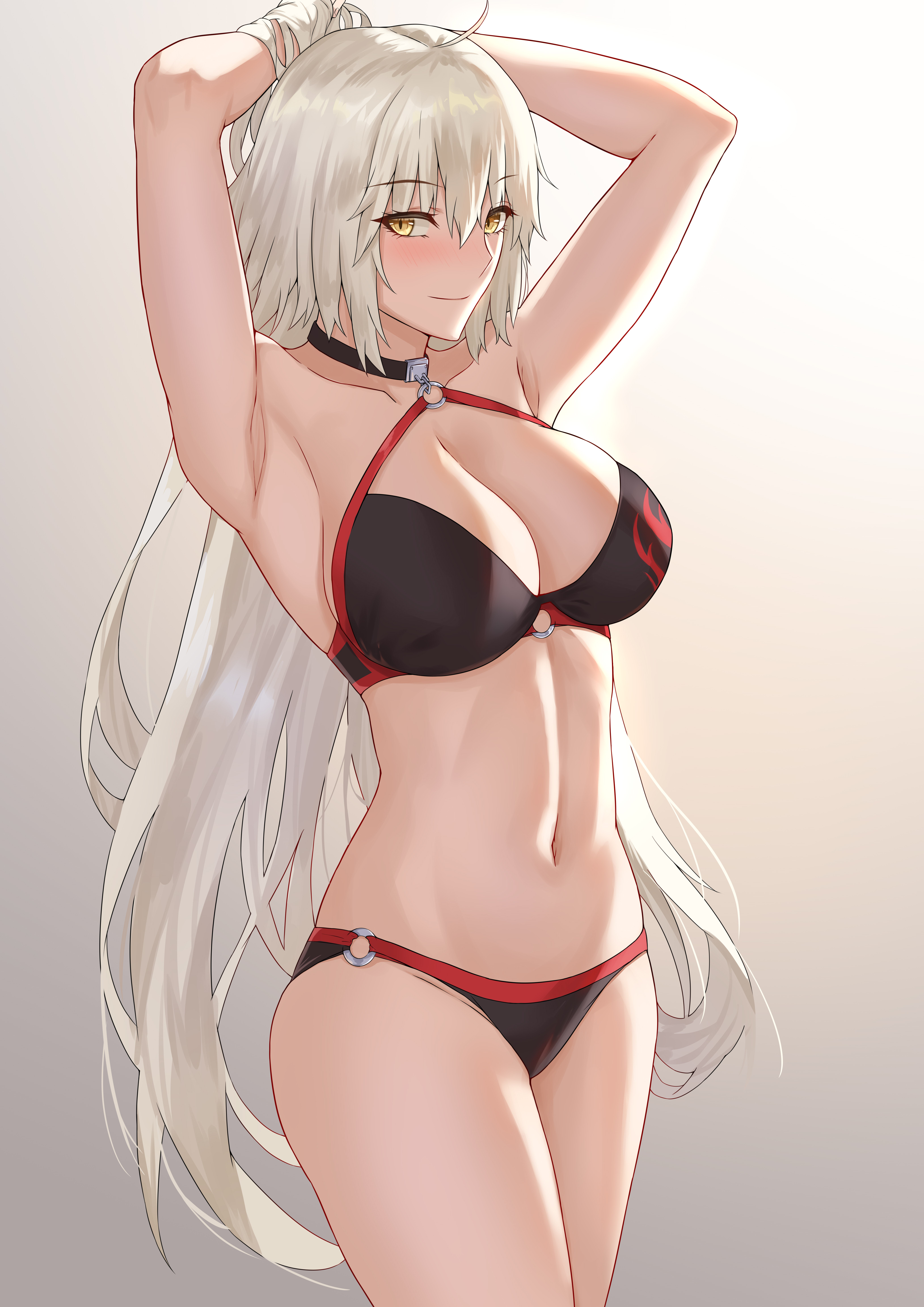 1girls, absurdres, ahoge, armpits, arms behind head, arms up, bare legs, big breasts, bikini, blush, breasts, busty, choker, cleavage, closed mouth, collarbone, fate (series), fate/grand order, female, female only, freed turing, halter top, halterneck, highres, jeanne alter, jeanne alter (swimsuit berserker), jeanne d'arc (fate), large breasts, linea alba, long hair, looking at viewer, navel, o-ring, o-ring bikini, pose, posing, seductive, seductive look, seductive smile, sensual, sexy, sexy armpits, sexy pose, smile, solo, swimsuit, very long hair, voluptuous, white hair, yellow eyes
