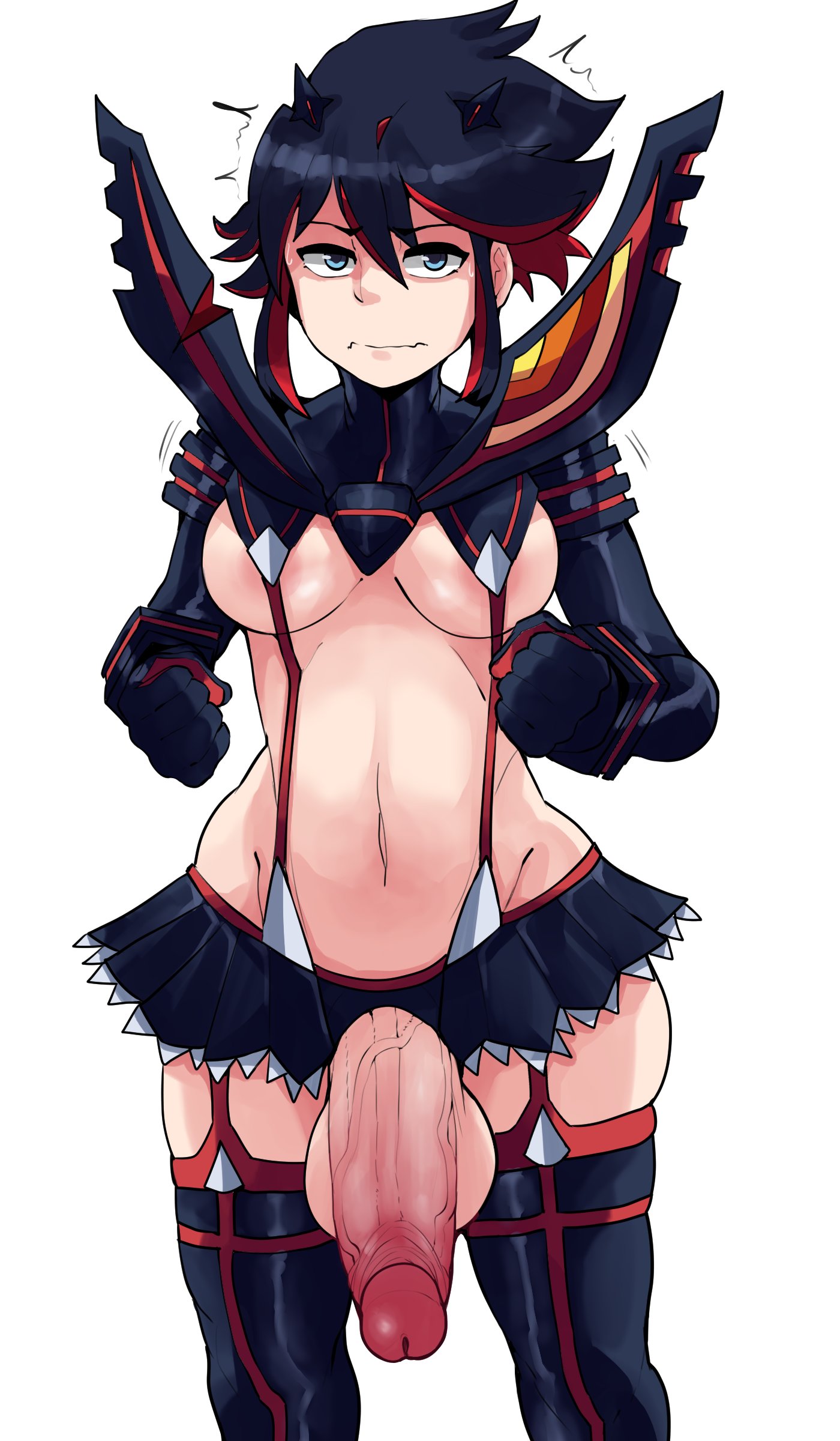 1futa, 2022, balls, big breasts, big penis, black hair, blue eyes, blush, breasts, clothed, clothing, commission, embarrassed, female, flaccid, futa only, futanari, hi res, hips, horu, huge cock, human, intersex, kill la kill, large breasts, light skin, light-skinned futa, matoi ryuuko, mostly nude, penis, short hair, short skirt, simple background, skirt, slim waist, solo, standing, thick thighs, thighs, tomboy, veiny penis, wide hips
