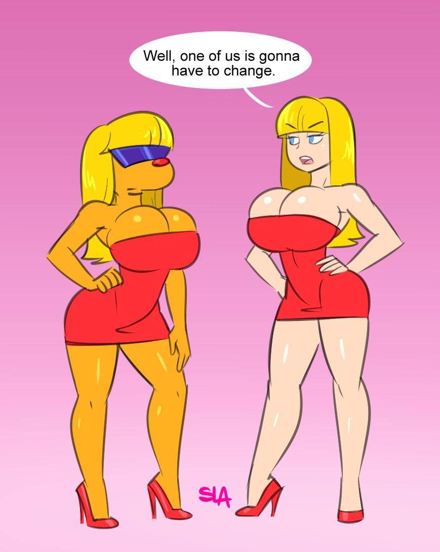 big_ass big_breasts blonde_hair blonde_wig blue_eyes brain_(inspector_gadget) breasts_bigger_than_head canine color curvy eyebrows_visible_through_hair gradient_background hand_on_hip high_heels hourglass_figure inspector_gadget long_hair long_legs penny_gadget purple-tinted_eyewear red_dress red_high_heels red_nose red_shoes rule_63 samson_00 shiny_skin small_waist smooth_skin snout speech_bubble sunglasses thick_thighs tinted_eyewear yellow_fur