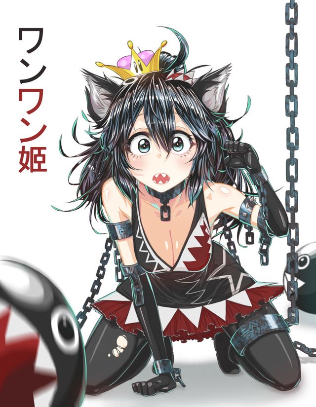 black_dress breasts carla_(gfgfh80418) chain_chomp chompette hanging_breasts kneeling mario_(series) new_super_mario_bros._u_deluxe sharp_teeth super_mario_bros. wolf_ears