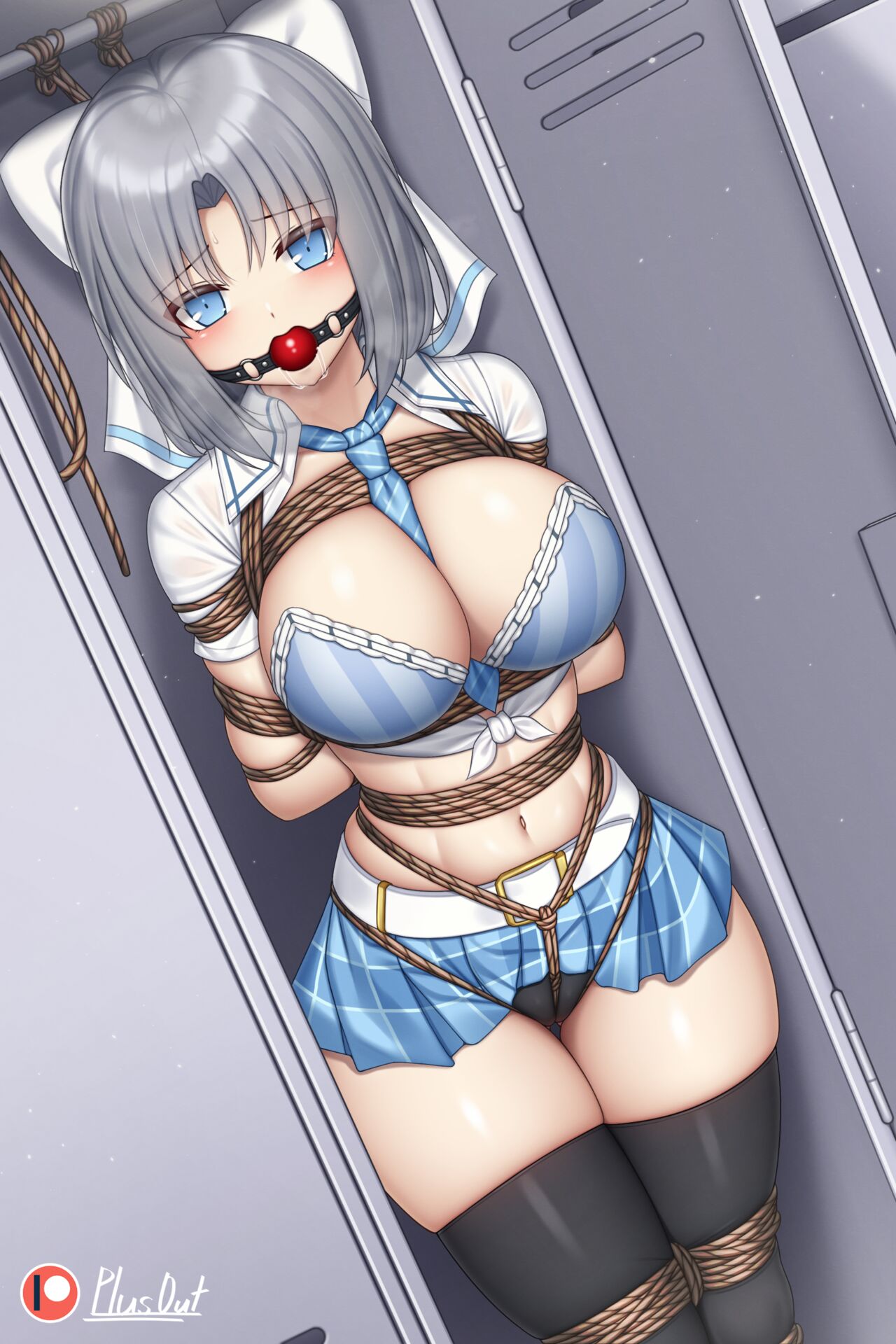 ball_gag beltskirt bondage crotch_rope female_focus female_only gag grey_hair hairbow hands_behind_back legs_tied legs_together light_blue_bra light_blue_eyes panties plusout school_uniform senran_kagura shirt_open thighhighs tie_between_breasts yumi_(senran_kagura)