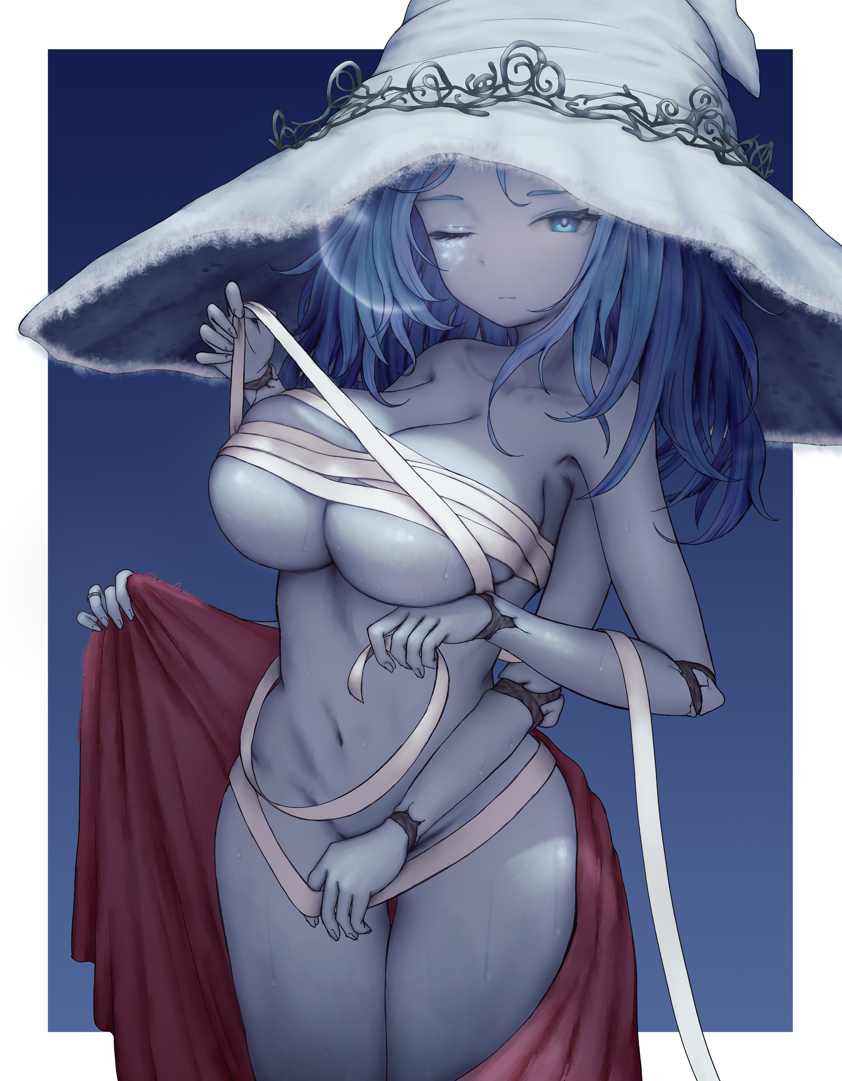 4 arms, bandages, big breasts, blue eyes, blue hair, blue skin, bottomless, breasts, cleavage, convenient censoring, cracked skin, doll joints, elden ring, female, female only, fromsoftware, long hair, looking at viewer, multi arm, multi limb, ojoniiart, one eye closed, ranni the witch, sarashi, solo, sweat, underboob, witch hat