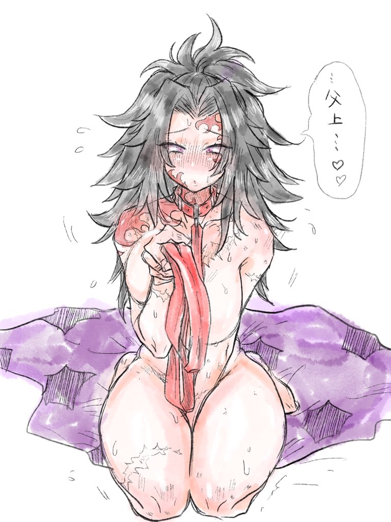big breasts, black hair, blush, body markings, breasts, collar, completely nude, demon slayer, facial markings, female, female only, genderswap, genderswap (mtf), kimetsu no yaiba, kkku gt, leash, long hair, looking at viewer, michikatsu tsugikuni, nervous, nude, ponytail, rule 63, scars, seiza, sitting, solo, speech bubble, spiky hair, sweat, thick thighs, translated