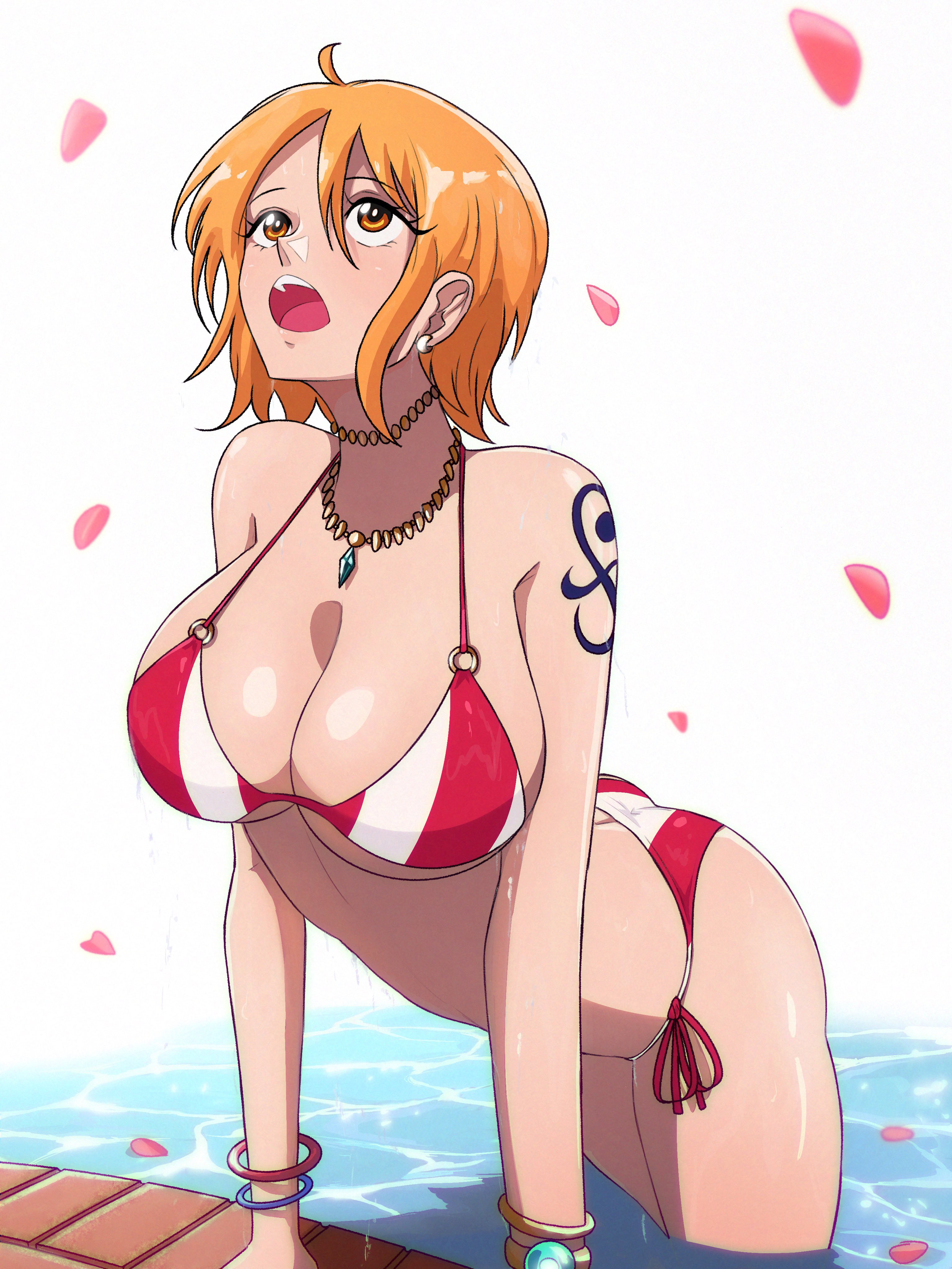 1girls, absurd res, arm tattoo, ass, ass cleavage, ass crack, bare shoulders, big breasts, bikini, bikini bottom, blue tattoo, bracelet, breasts, butt crack, cleavage, clothing, earrings, eyelashes, female, female focus, female only, flower petals, hair between eyes, human, jewelry, large breasts, looking up, medium hair, nami (one piece), necklace, one piece, opalisart, open mouth, orange eyes, orange hair, orange-haired female, pinup, pre-timeskip, revealing clothes, shiny skin, side-tie bikini, sideboob, simple background, skimpy, solo, solo female, striped, swimsuit, tattoo, teeth, thighs, tongue, underboob, voluptuous, water, white background