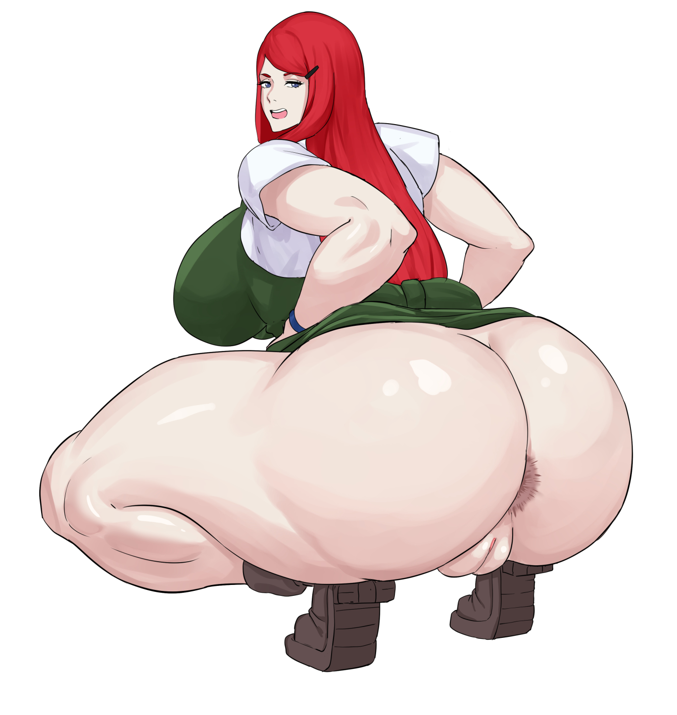 1girls, anus, apron, ass, big ass, big breasts, breasts, cyberboi, eye contact, female, female only, higher resolution available, huge ass, huge breasts, huge butt, long hair, looking at viewer, mature female, milf, naruto, naruto (series), naruto shippuden, pussy, red eyes, red hair, solo, squatting, thick thighs, thunder thighs, uncensored, uzumaki kushina, voluptuous, white background, wide hips