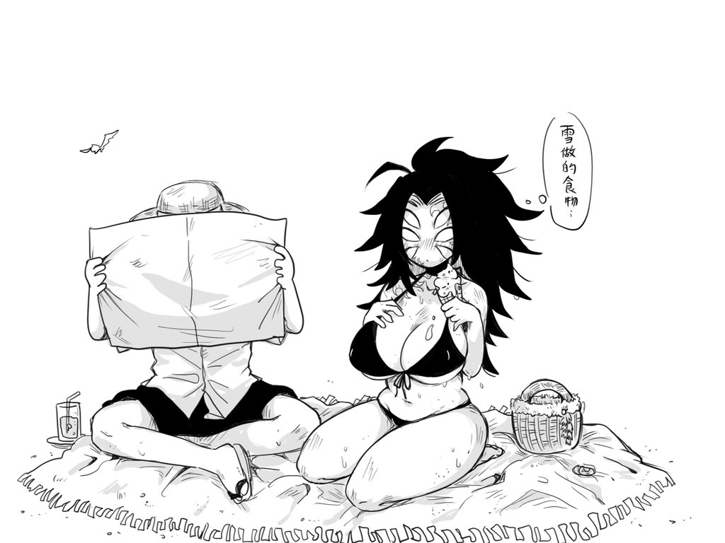 1boy, 1girls, 6 eyes, alternate costume, beach, big breasts, bikini, blush, breasts, cleavage, demon slayer, female, genderswap, genderswap (mtf), ice cream, kimetsu no yaiba, kkku gt, kokushibo, male, michikatsu tsugikuni, monochrome, multi eye, muzan kibutsuji, ponytail, rule 63, sitting, spiky hair, swimsuit, thought bubble, underboob