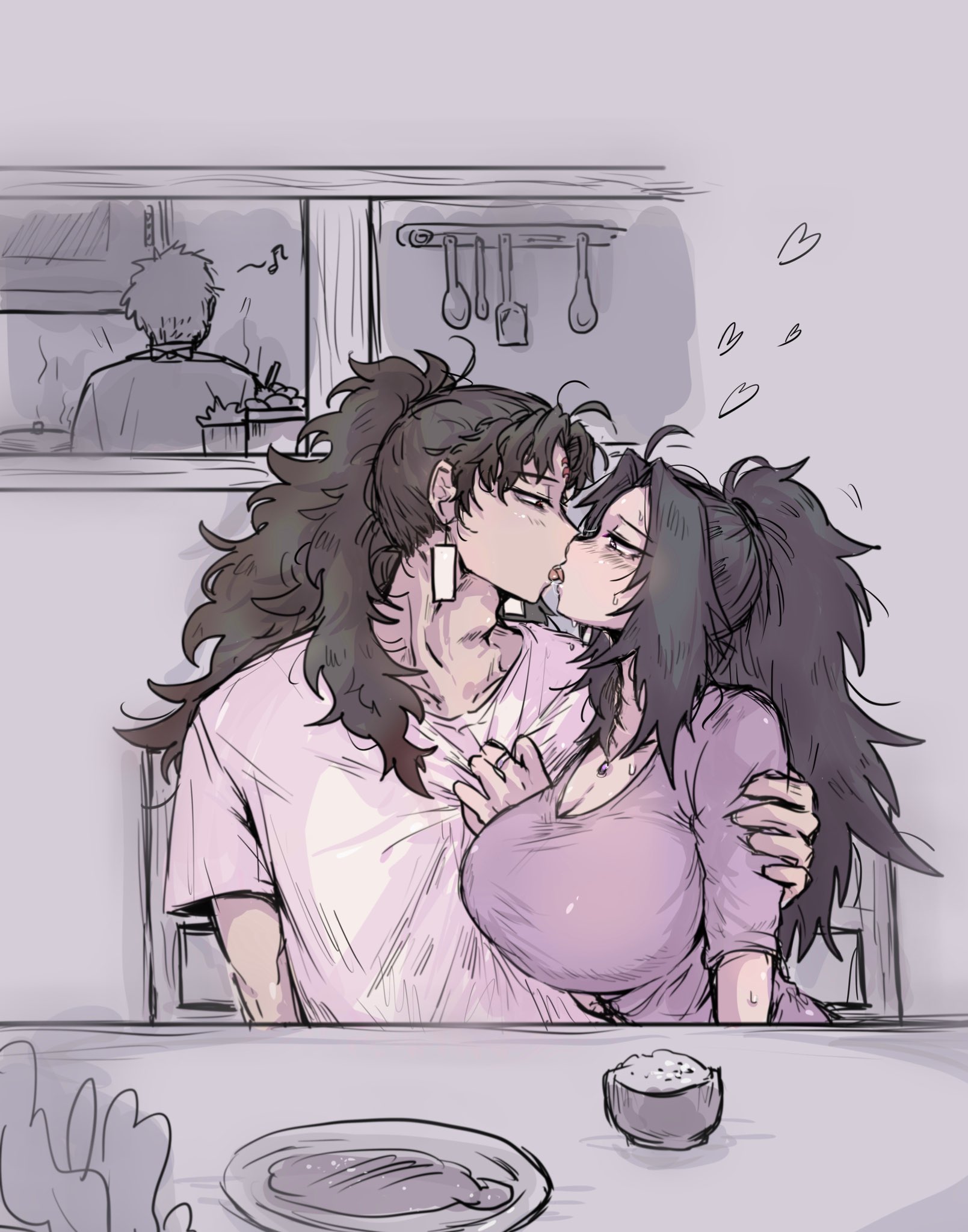 1boy, 1girls, alternate costume, big breasts, black hair, blush, breasts, brother and sister, cheating, cheating wife, cleavage, demon slayer, female, french kiss, fully clothed, genderswap, genderswap (mtf), huge breasts, incest, kimetsu no yaiba, kissing, kkku gt, long hair, long-haired male, looking at another, male, michikatsu tsugikuni, ponytail, rule 63, shirt pull, siblings, spiky hair, sweat, wedding ring, yoriichi tsugikuni