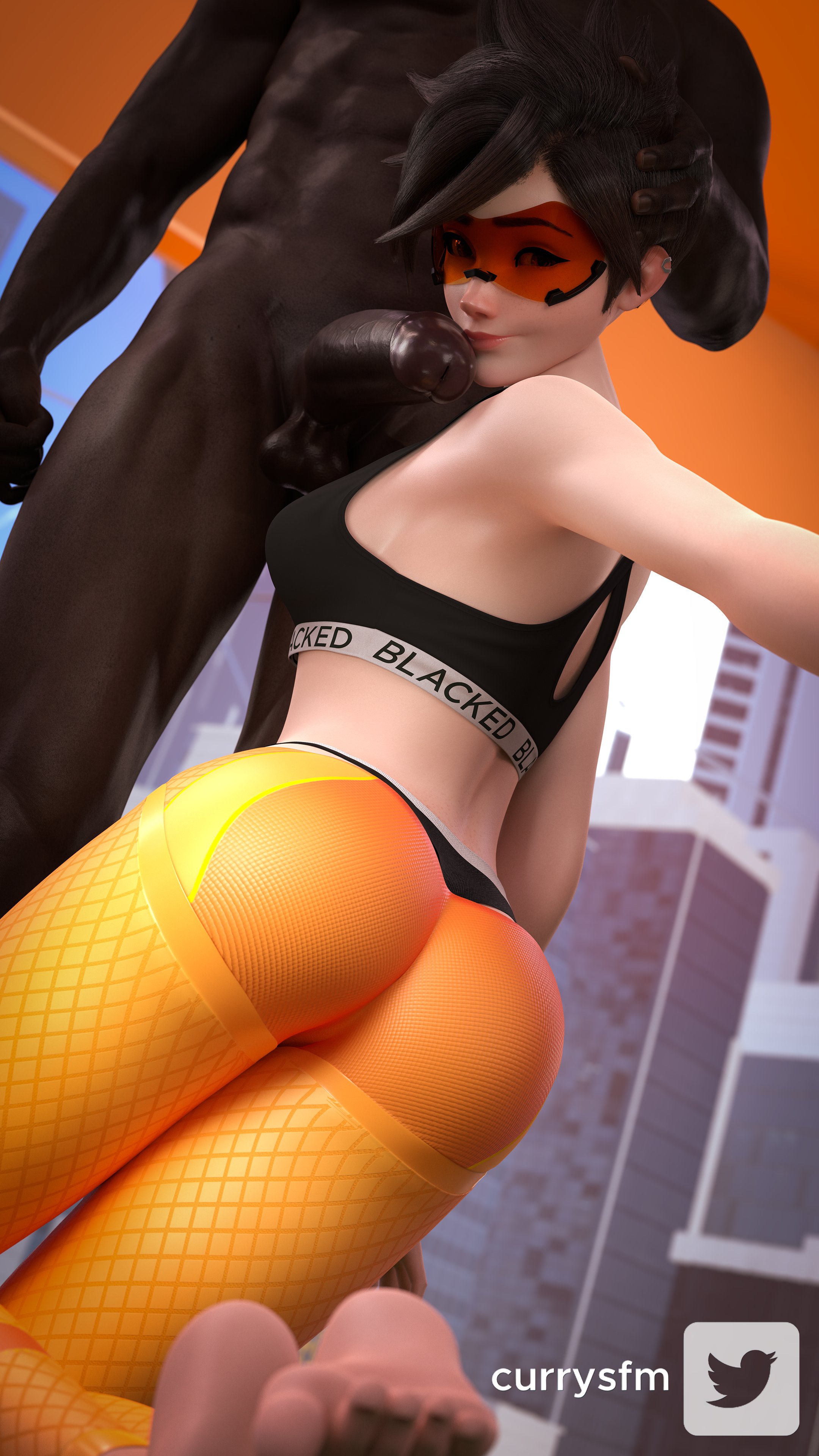 1boy, 1girls, 3d, 3d (artwork), abs, ass, ass focus, balls, bare shoulders, barefoot, big ass, big butt, big penis, blacked, blacked clothing, blizzard entertainment, brown eyes, brown hair, clothed, clothed female, clothed female nude male, clothes, clothing, currysfm, dark skin, dark-skinned male, duo, duo focus, ear piercing, erect penis, erection, eye contact, eyewear, feet, female, female focus, femsub, freckles, glans, goggles, hand on head, heroine, hi res, highres, imminent oral, imminent sex, interracial, kneeling, kneeling female, kneeling oral position, kneeling/standing, large penis, leggings, light skin, light-skinned female, looking at viewer, looking back, male, male with female, male/female, maledom, muscular, muscular male, nude, nude male, nude male clothed female, orange-tinted eyewear, outdoors, outside, overwatch, overwatch 2, penis, penis close to face, penis out, posing, selfie, short hair, smile, smiling at viewer, standing, taking picture, taking selfie, testicles, tight clothes, tight clothing, tinted eyewear, topwear, tracer, tracer (overwatch 2 suit), veiny penis, visor, watermark
