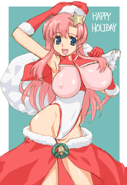 breasts christmas christmas_outfit clothing female female gundam gundam_seed gundam_seed_destiny hair_ornament hat headwear highleg hirose_(mokiki) huge_breasts leotard long_hair meer_campbell pink_leotard santa_costume santa_hat solo star star_(symbol) star_hair_ornament white_leotard