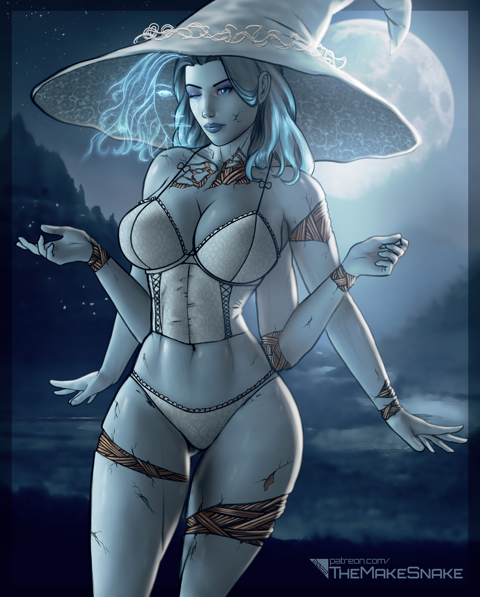 4 arms, alternate costume, big breasts, blue eyes, blue hair, blue skin, breasts, bustier, cleavage, cracked skin, elden ring, female, female only, fromsoftware, hourglass figure, lace-trimmed panties, lingerie, looking at viewer, moon, multi arm, multi limb, night, one eye closed, outside, panties, ranni the witch, solo, themakesnake, thick thighs, wide hips, witch hat