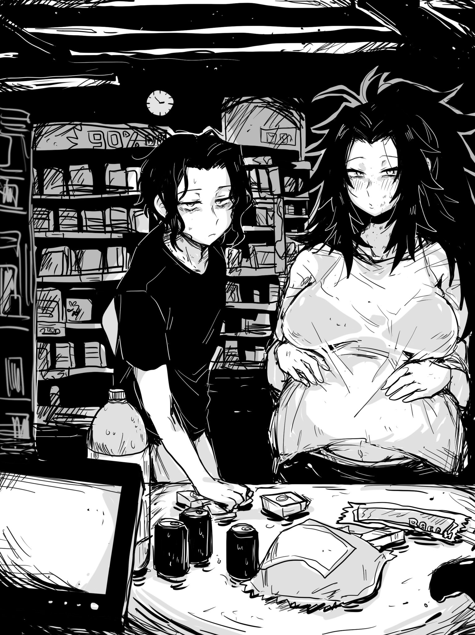1boy, 1girls, alternate costume, bacon, big breasts, blush, bra visible through clothes, breasts, condom box, demon slayer, drinks, female, genderswap, genderswap (mtf), hands on belly, kimetsu no yaiba, kkku gt, long hair, looking at viewer, male, michikatsu tsugikuni, monochrome, muzan kibutsuji, ponytail, pov, pregnant, rule 63, spiky hair, store, sweat