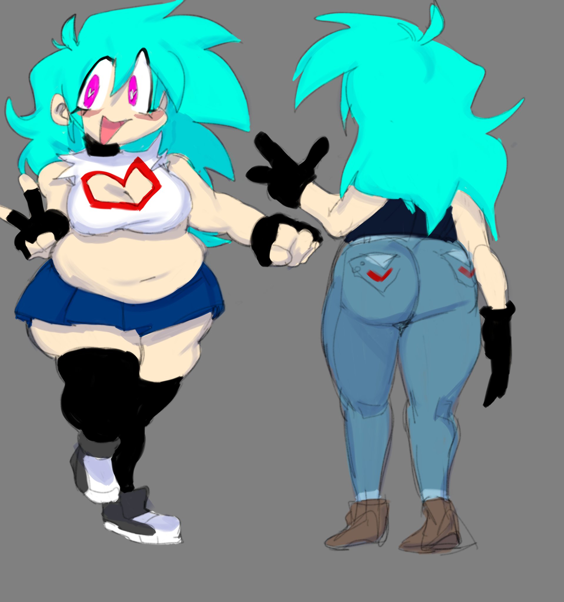 0v0, ass, blue hair, blush, blushing at viewer, chubby, chubby female, chunky, female, friday night funkin, friday night funkin mod, jeans, peace sign, pose, skirt, skyblue, skyblue (friday night funkin), skyverse, thighhighs