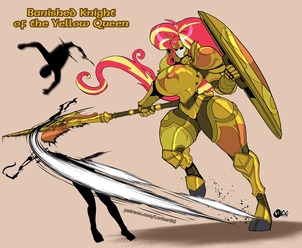 1girls, armor, axe, big breasts, breasts, breasts bigger than head, crossover, equestria girls, fantasy, female, friendship is magic, hasbro, huge breasts, knight, lovecraftian, lurkergg, my little pony, red hair, shield, sunset shimmer, thick thighs, wide hips