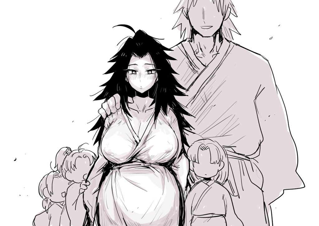 1girls, big breasts, breasts, cleavage, demon slayer, family, female, female focus, fully clothed, genderswap, genderswap (mtf), hand on another's shoulder, isakmaleball, japanese clothes, kimetsu no yaiba, kimono, kkku gt, long hair, looking at viewer, milf, monochrome, nipple bulge, no bra, ponytail, pregnant, rule 63, solo focus, spiky hair