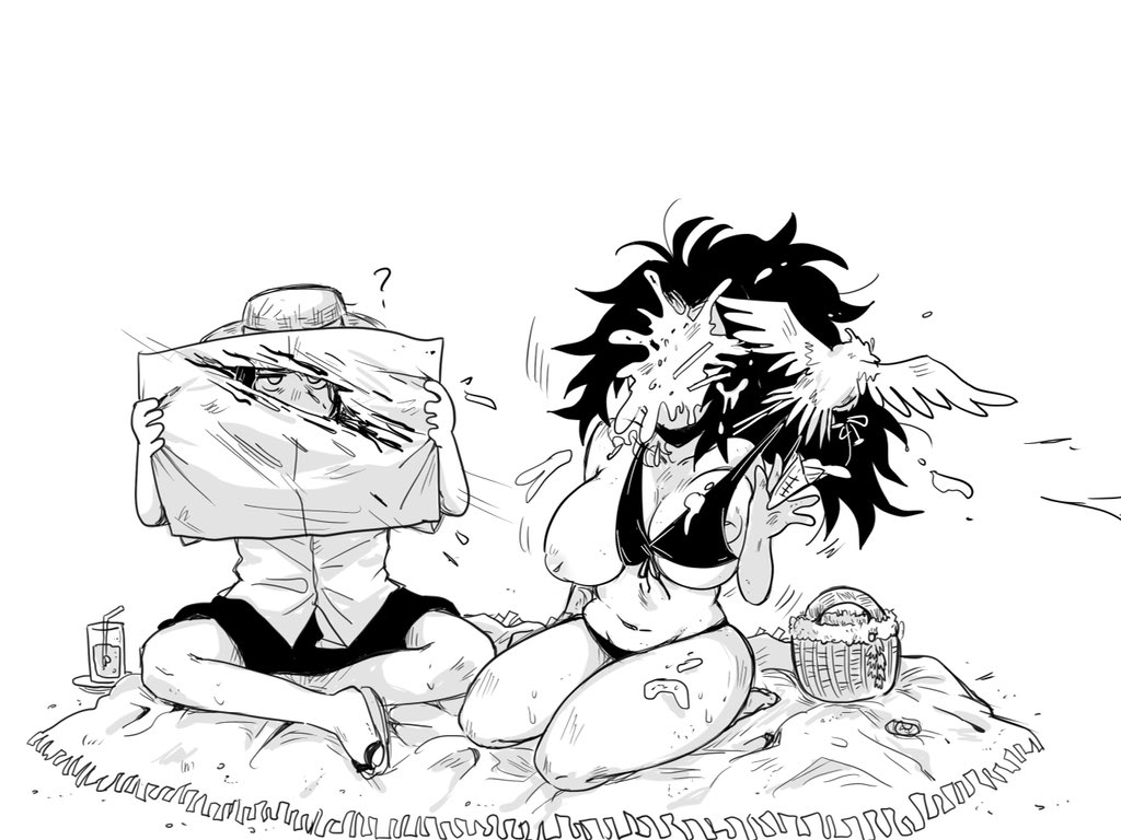 ?, 1boy, 1girls, 6 eyes, accidental exposure, alternate costume, assisted exposure, beach, big breasts, bikini, bikini pull, blush, breasts, breasts out, cleavage, demon slayer, female, funny, genderswap, genderswap (mtf), ice cream, inverted nipples, kimetsu no yaiba, kkku gt, kokushibo, male, michikatsu tsugikuni, monochrome, multi eye, muzan kibutsuji, ponytail, rule 63, sitting, spiky hair, swimsuit, underboob