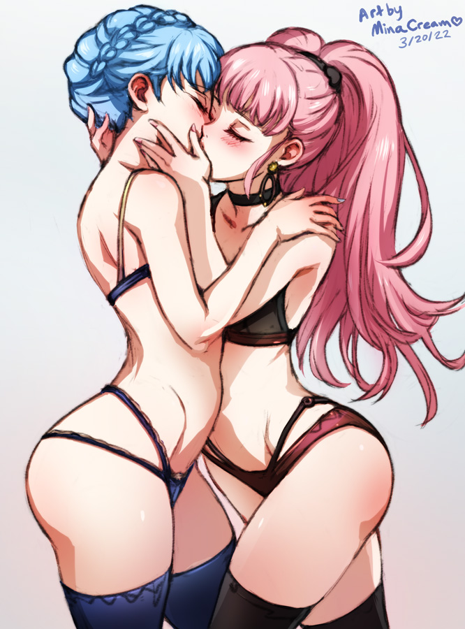 2022, 2girls, armpits, artist name, ass, back, bare arms, bare back, bare thighs, blue dress, blue hair, blue nails, blue panties, blush, bra, braid, breasts, circlet, closed eyes, crown braid, dated, dress, earrings, eyelashes, female, female only, fire emblem, fire emblem: three houses, hand on another's face, hand on another's shoulder, hilda valentine goneril, holding head, hug, jewelry, kiss, kissing, light blue hair, lingerie, long hair, marianne von edmund, minacream, multiple females, multiple girls, nail polish, nintendo, panties, pink hair, pink nails, pink panties, ponytail, sideboob, thick thighs, thighhighs, thighs, underwear, underwear only, wide hips, yuri
