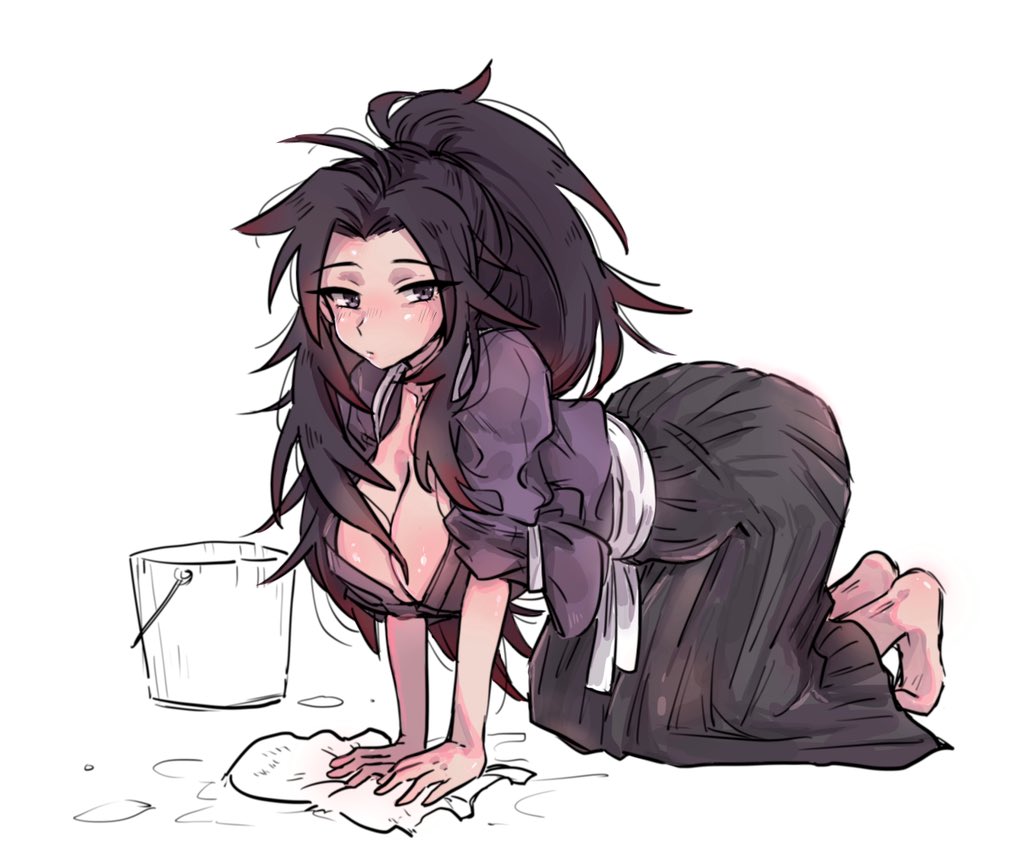 all fours, arched back, barefoot, big breasts, black hair, blush, breasts, cleavage, demon slayer, female, female only, fully clothed, genderswap, genderswap (mtf), gradient hair, hakama, japanese clothes, kimetsu no yaiba, kkku gt, long hair, looking at viewer, michikatsu tsugikuni, ponytail, rule 63, solo, spiky hair, two-tone hair