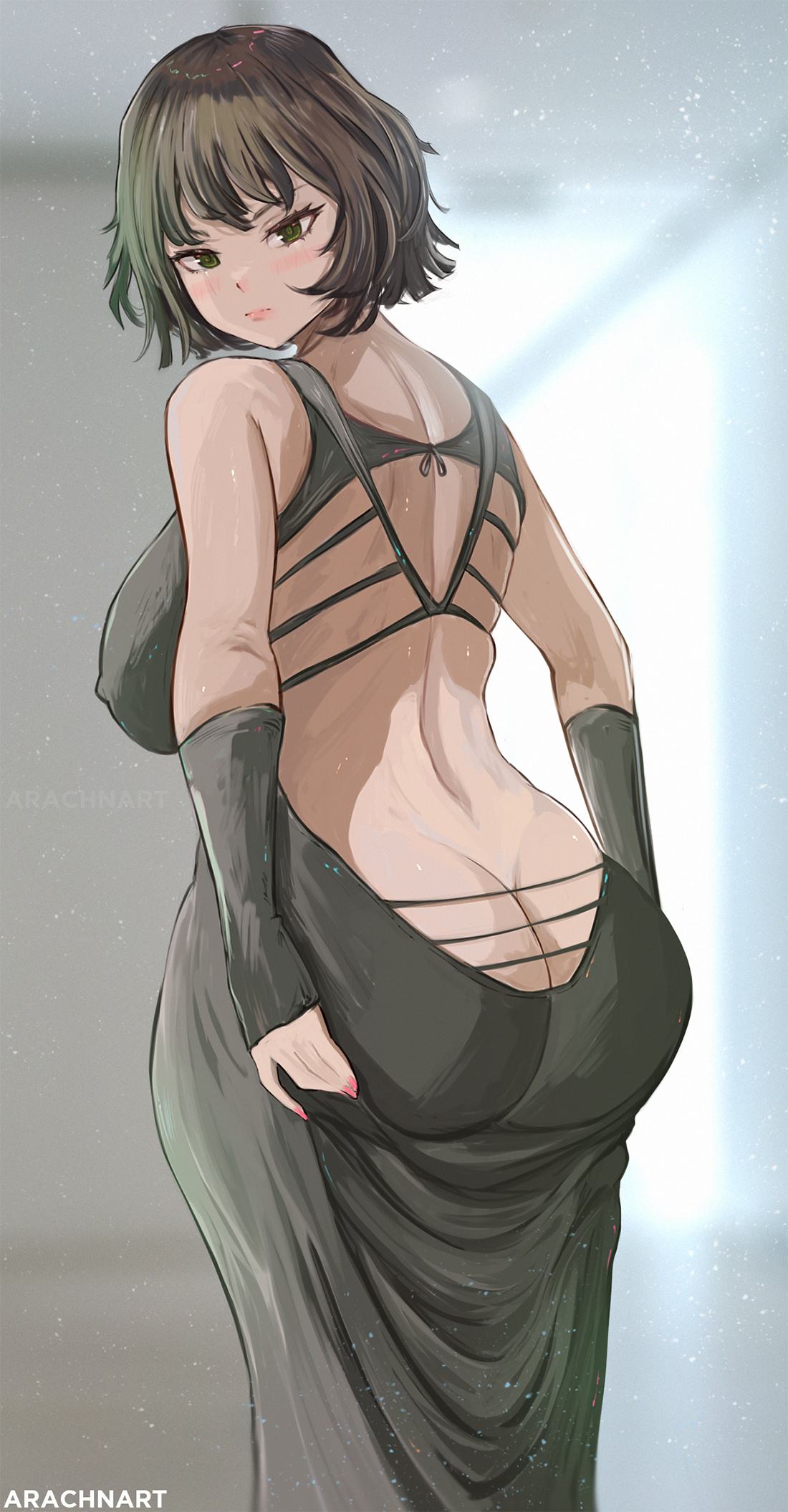 1girls, arachnart, ass, ass cleavage, ass crack, ass in dress, big ass, big breasts, black hair, black-haired female, breasts, butt crack, curvy, eye contact, female, fubuki (one-punch man), grabbing own ass, green eyes, green hair, huge ass, huge butt, looking at viewer, one-punch man, plump, short hair, solo, standing, thick, thick ass, thick thighs, voluptuous