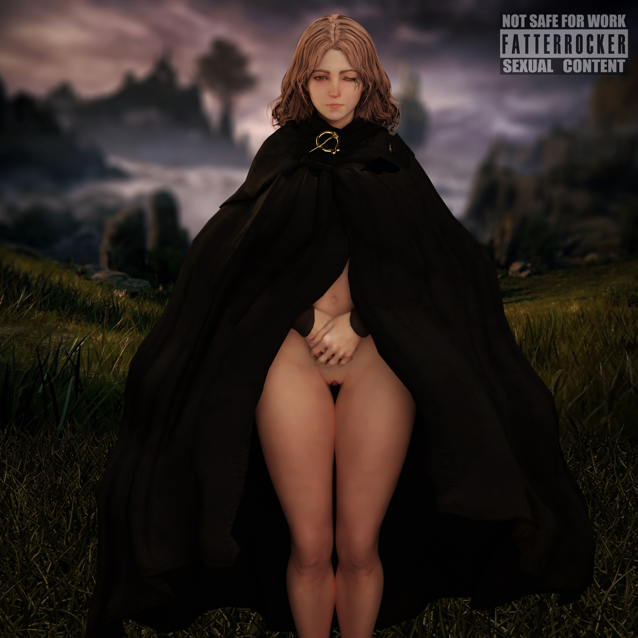 1girls, 3d, armwear, brown eyes, brown hair, casual, clothing, elden ring, exhibitionism, fatterrocker, female, human, melina (elden ring), naked, outerwear, pale skin, pussy, pussy peek, vagina, white body, white skin