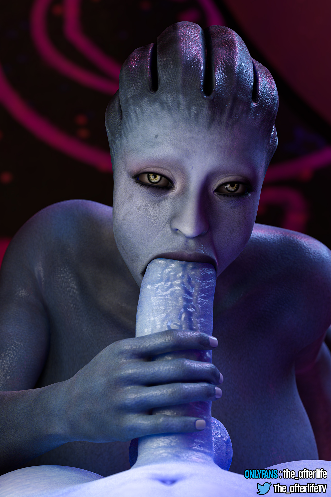 1girls, 3d, 3d (artwork), 3dx, alien, alien girl, asari, asari futa, ass, athletic, athletic female, big areola, big ass, big breasts, big butt, big nipples, big penis, blender, blender (software), blue body, blue eyes, blue skin, breasts, close-up, cream, female, futanari, intersex, large breasts, large penis, liara t'soni, looking at viewer, mass effect, mass effect 3, morinth, nipples, oil, paizuri, penis, pounding, theafterlife, thick thighs, thighs, yellow eyes