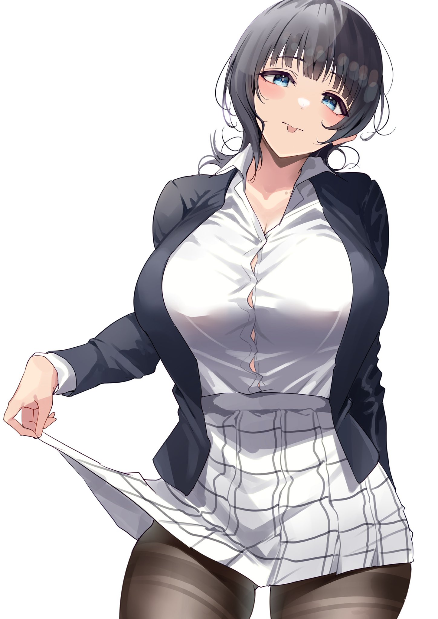 1girls, asaka karin, beauty mark, big breasts, big hips, blue eyes, blue hair, bra, breasts, busty, female, female only, hips, huge breasts, large breasts, looking at viewer, love live!, love live! nijigasaki high school idol club, mostly clothed, navy blue hair, nipple bulge, no bra, open shirt, pantyhose, school uniform, skirt lift, solo, tagme, teasing, thick thighs, tight clothing, tongue, tongue out, white background, yamasonson